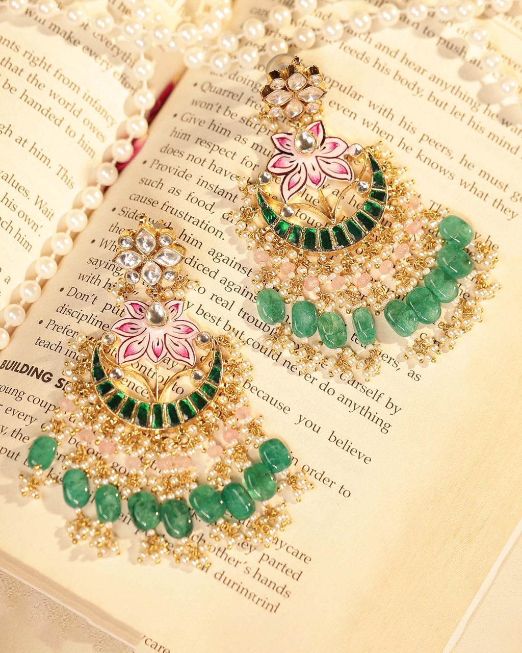 Handcrafted Kamal Meenakari Kundan Choker Set | Mint Emerald Beads, Pink Lotus Enamel, Bridal Necklace