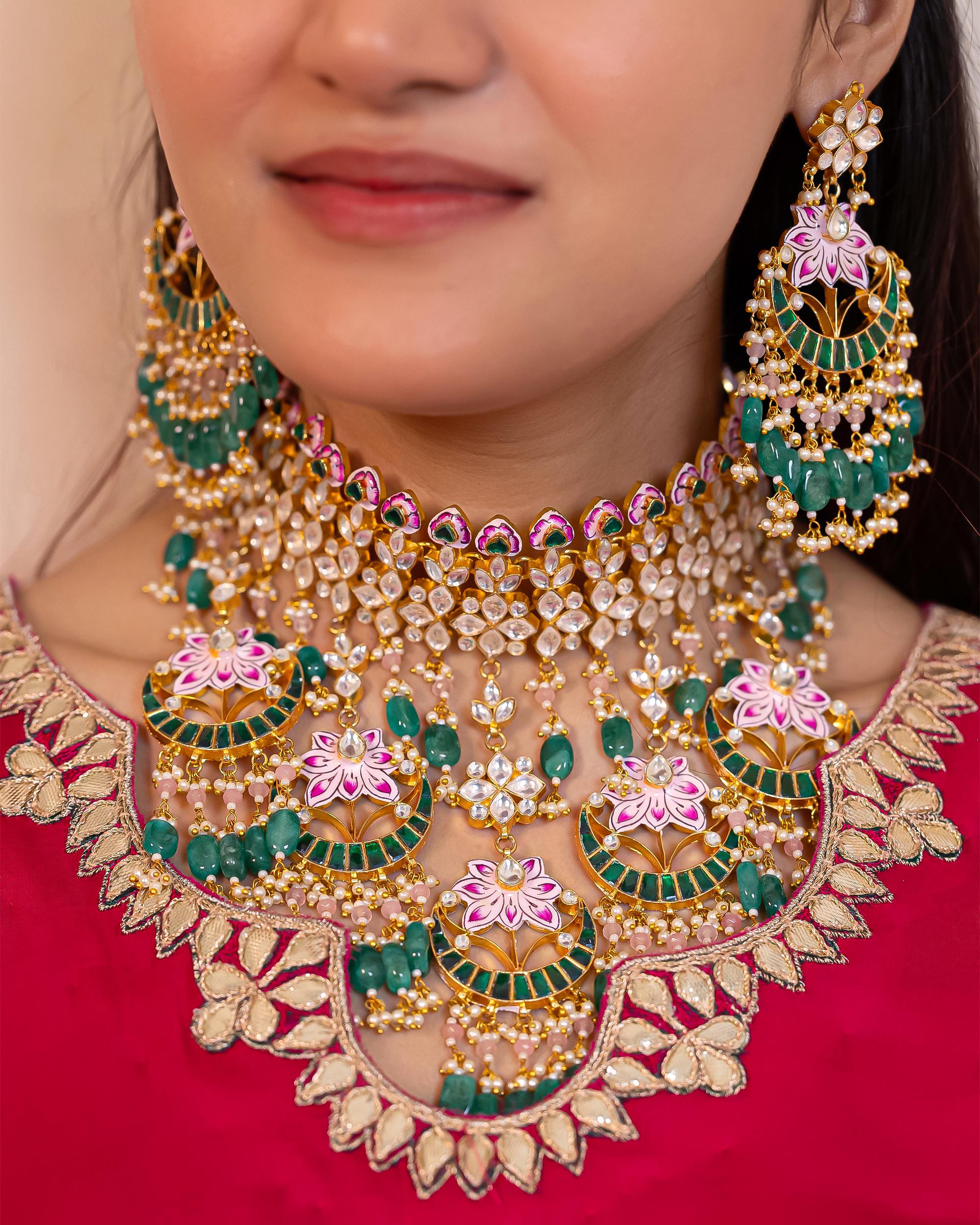 Handcrafted Kamal Meenakari Kundan Choker Set | Mint Emerald Beads, Pink Lotus Enamel, Bridal Necklace