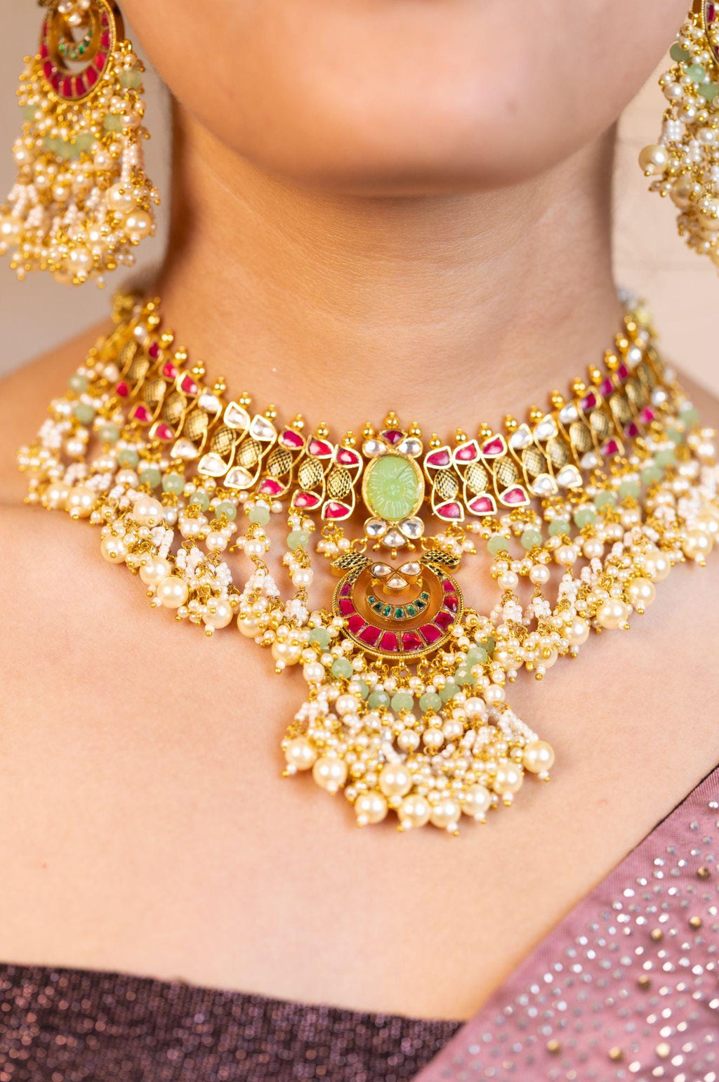 Carved Mint Stone Kundan Choker Set | Traditional Indian Bridal Necklace with Pastel Beads