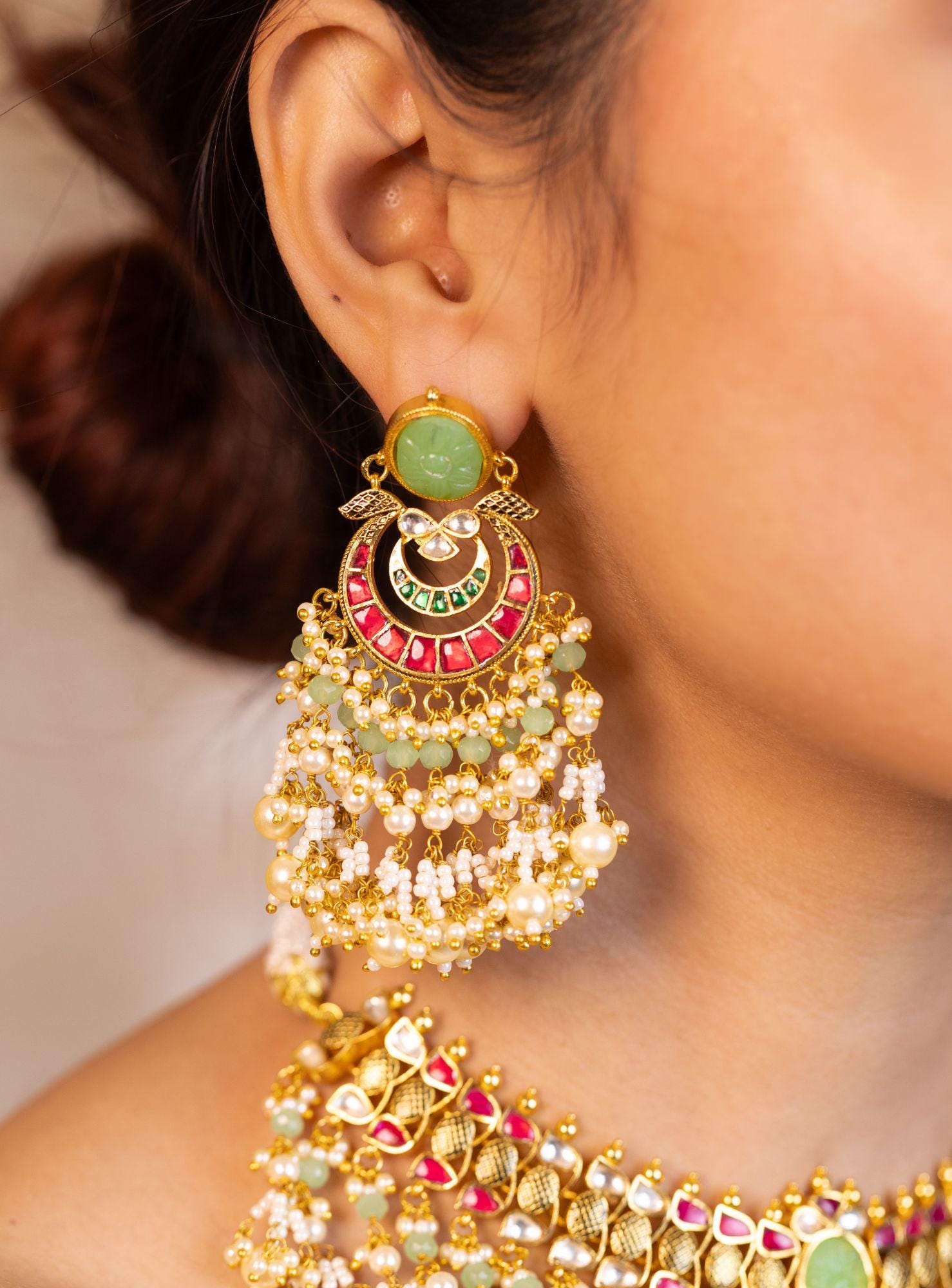Carved Mint Stone Kundan Choker Set | Traditional Indian Bridal Necklace with Pastel Beads