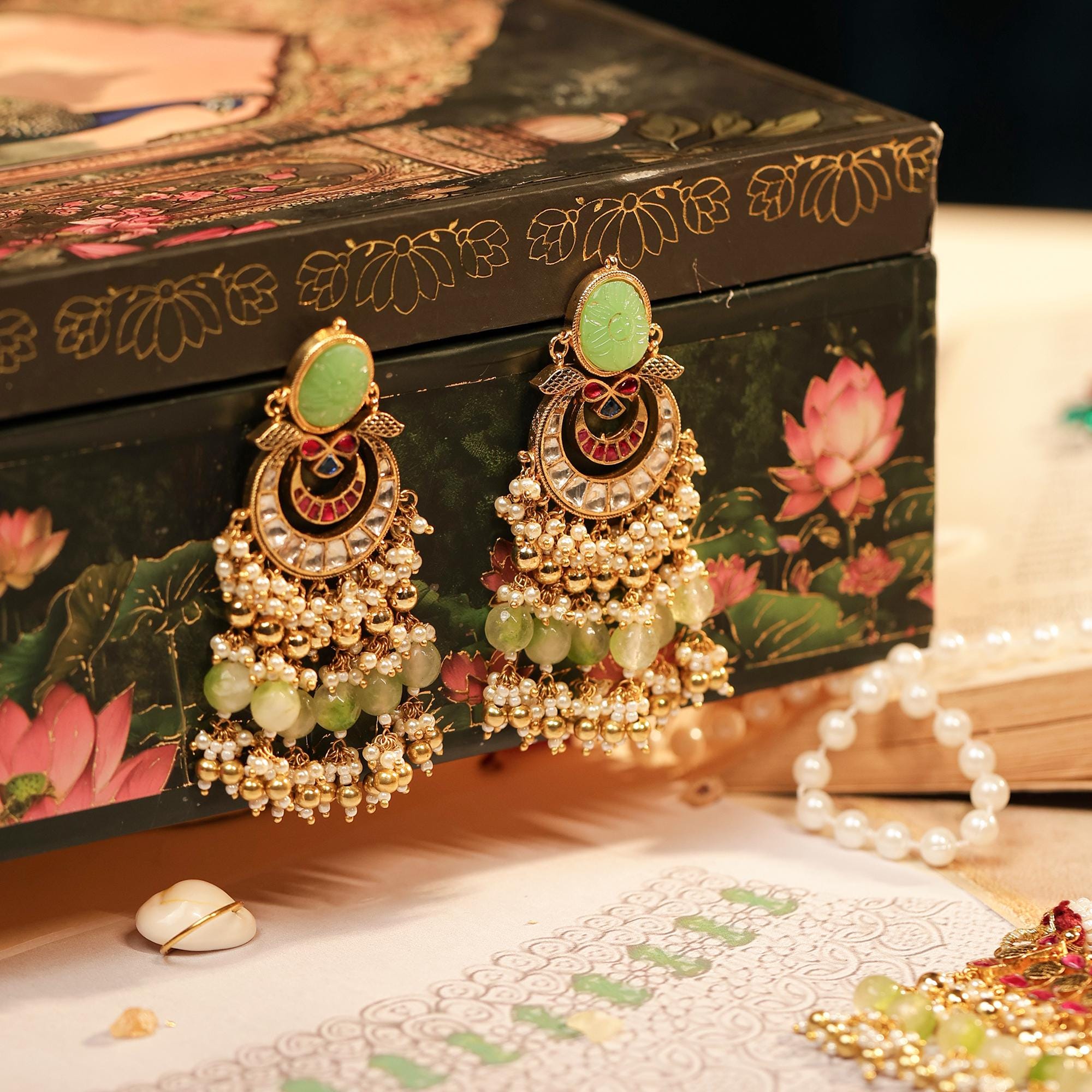 Carved Mint Stone Kundan Choker Set | Traditional Indian Bridal Necklace with Pastel Beads