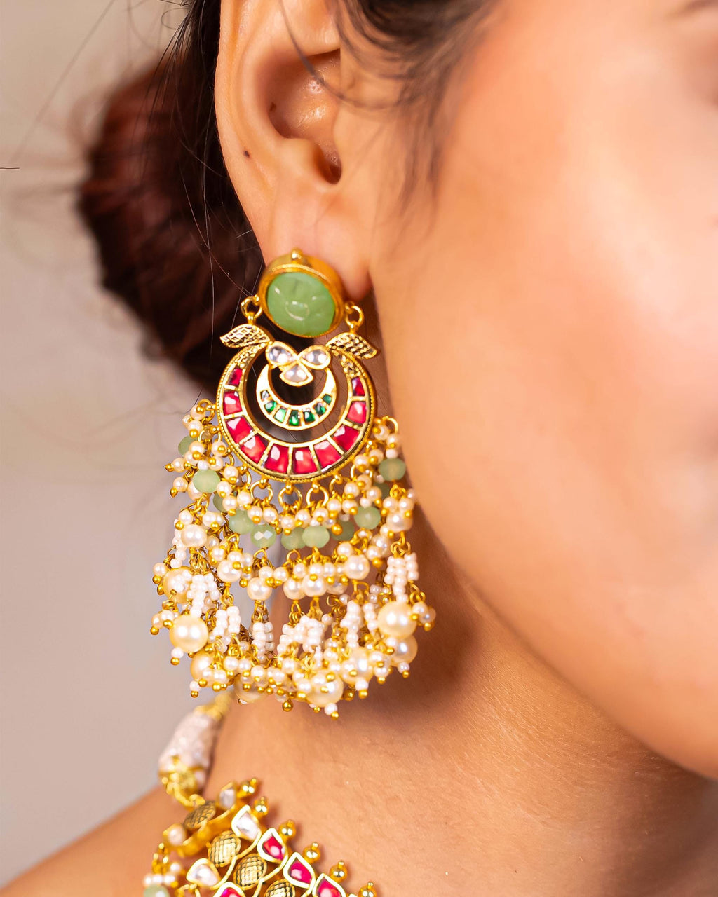 Carved Mint Stone Kundan Choker Set | Traditional Indian Bridal Necklace with Pastel Beads