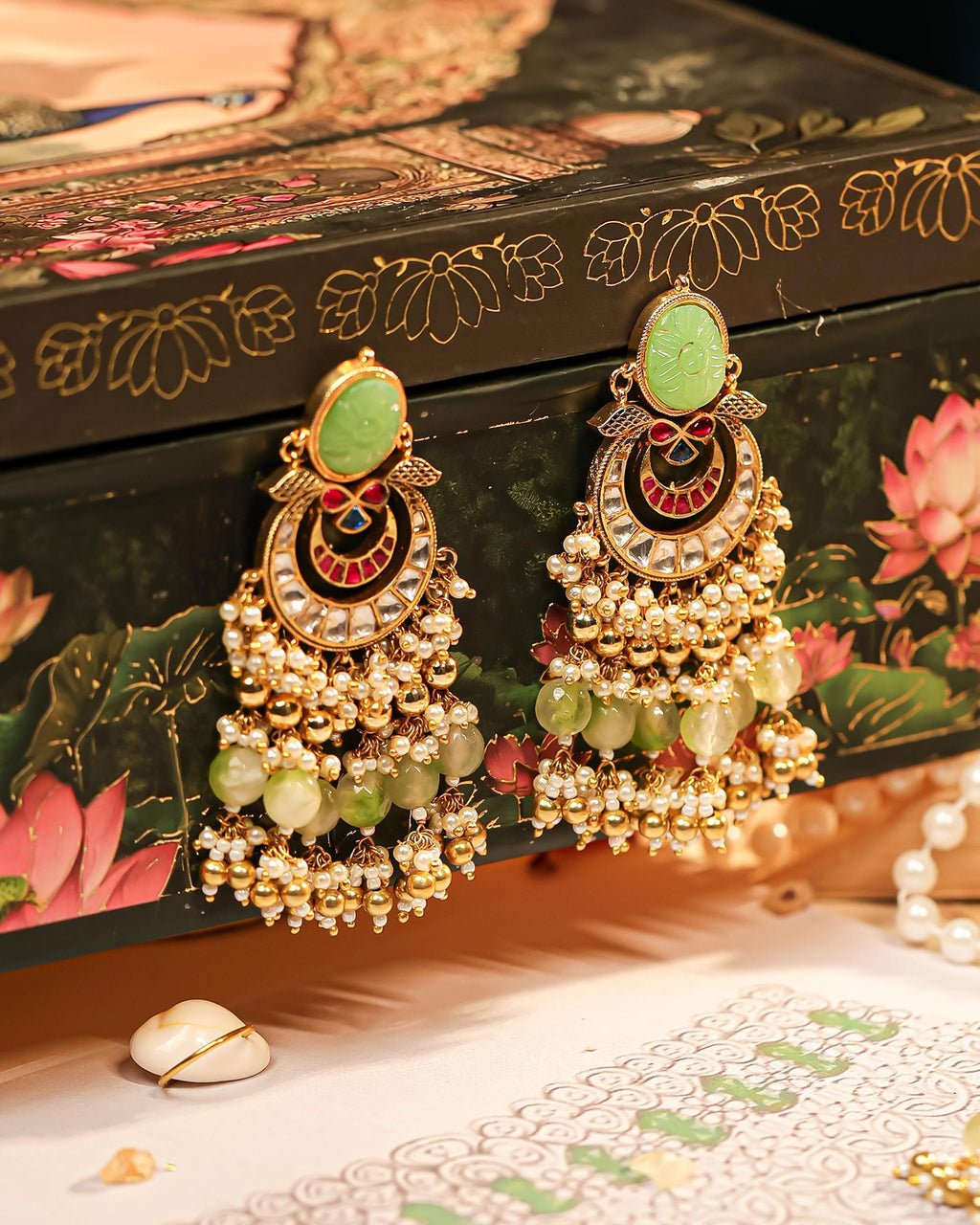 Carved Mint Stone Kundan Choker Set | Traditional Indian Bridal Necklace with Pastel Beads