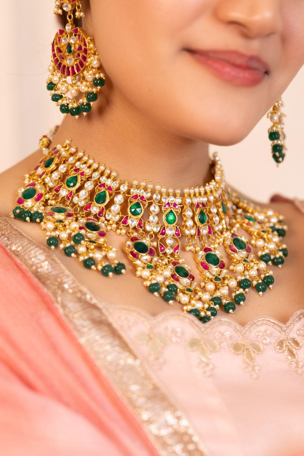 Handcrafted Kundan Choker Set: Emerald Green, Ruby Accents, Traditional Indian Bridal Necklace
