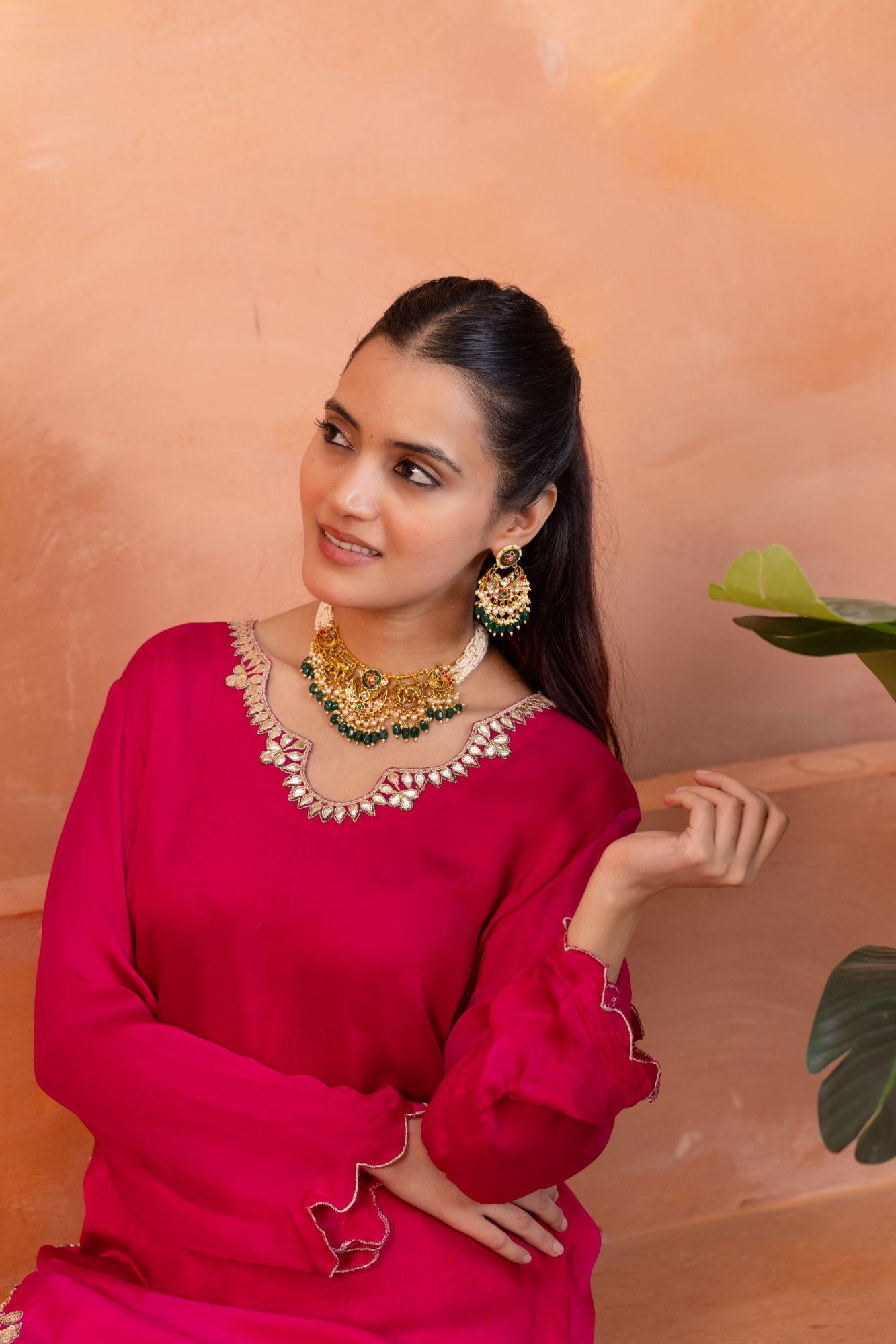 Royal Elephant Peacock Meenakari Kundan Pendant Necklace Set with Emerald Beads