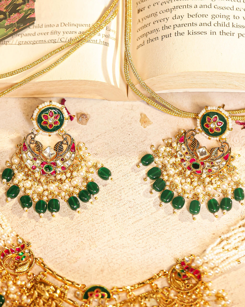 Royal Elephant Peacock Meenakari Kundan Pendant Necklace Set with Emerald Beads
