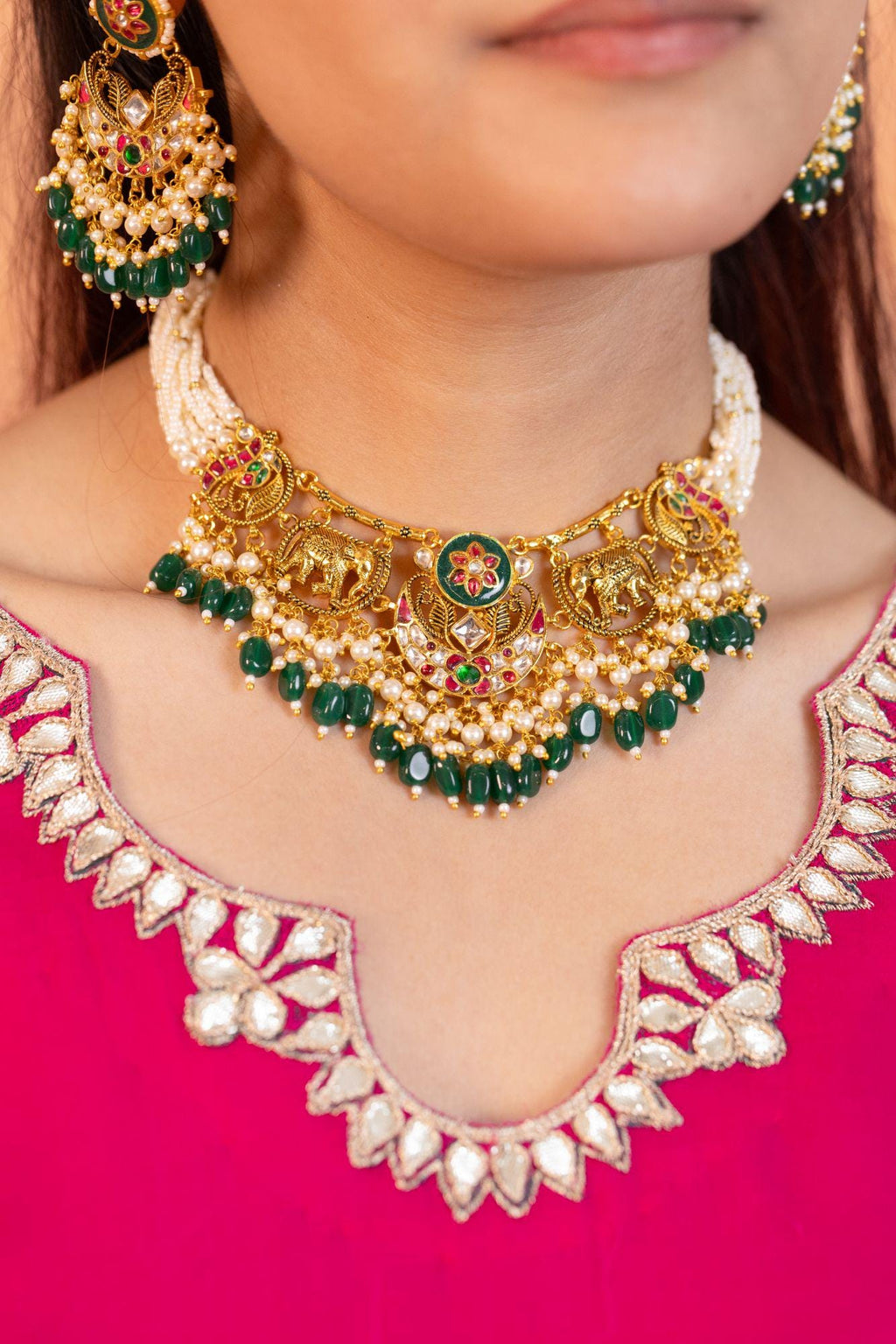 Royal Elephant Peacock Meenakari Kundan Pendant Necklace Set with Emerald Beads