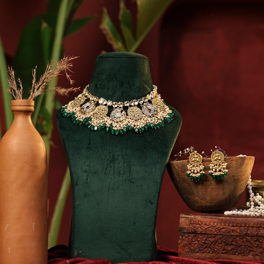 Handcrafted Peacock Choker Necklace Set with Jhumka Earrings, Kundan Pearl Emerald Bridal Jewelry