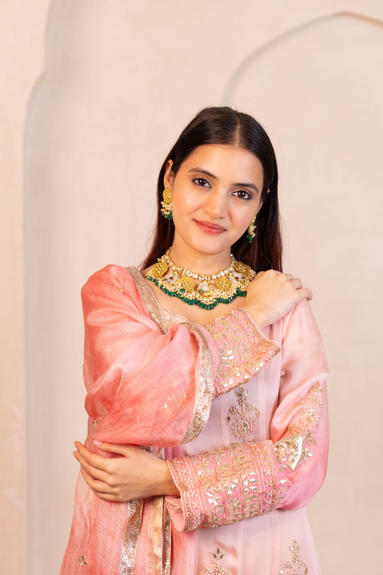 Handcrafted Peacock Choker Necklace Set with Jhumka Earrings, Kundan Pearl Emerald Bridal Jewelry
