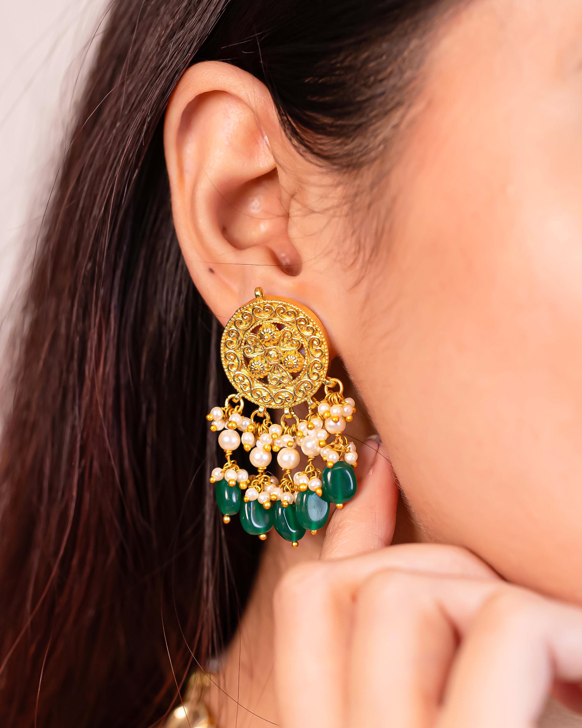 Handcrafted Peacock Choker Necklace Set with Jhumka Earrings, Kundan Pearl Emerald Bridal Jewelry