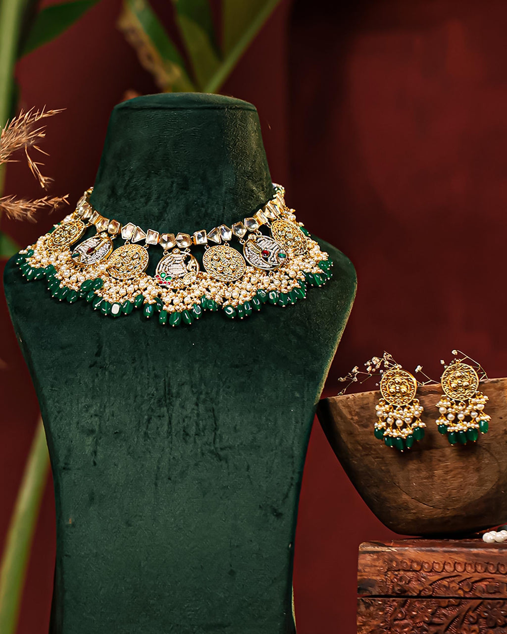 Handcrafted Peacock Choker Necklace Set with Jhumka Earrings, Kundan Pearl Emerald Bridal Jewelry