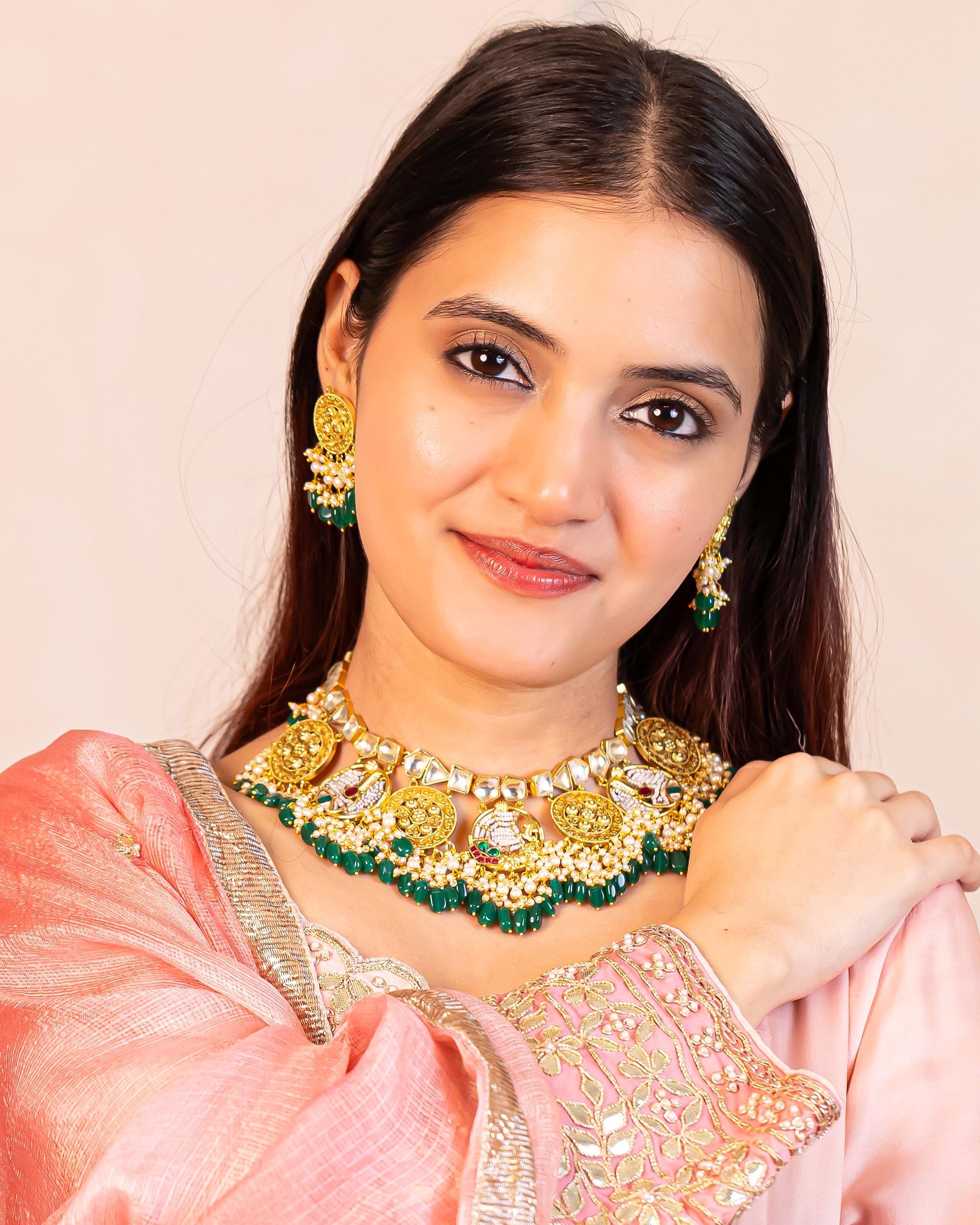 Handcrafted Peacock Choker Necklace Set with Jhumka Earrings, Kundan Pearl Emerald Bridal Jewelry