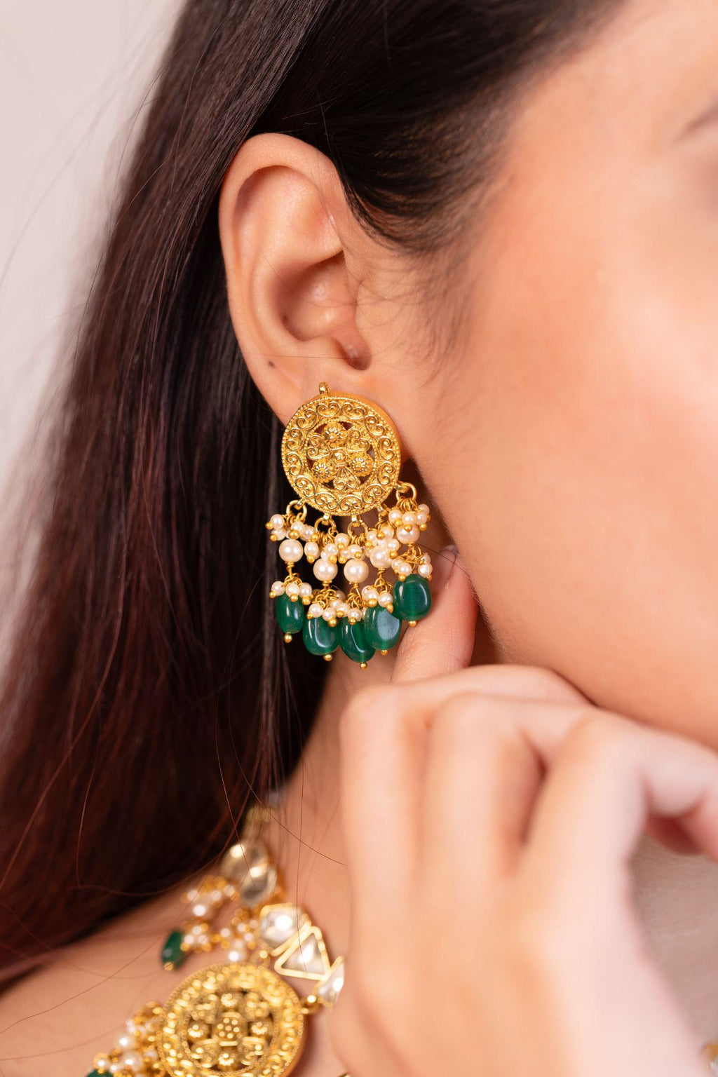 Handcrafted Peacock Choker Necklace Set with Jhumka Earrings, Kundan Pearl Emerald Bridal Jewelry