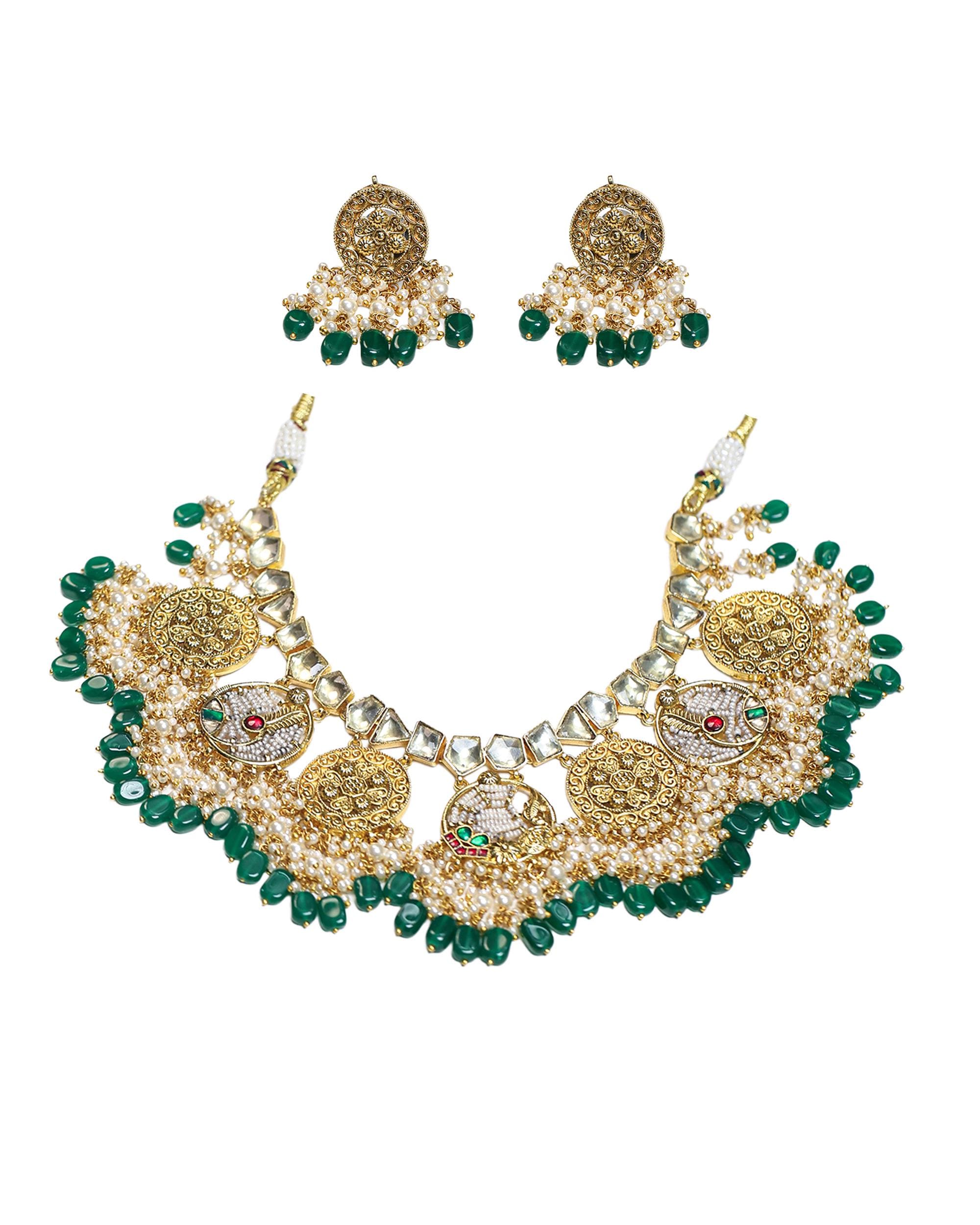Handcrafted Peacock Choker Necklace Set with Jhumka Earrings, Kundan Pearl Emerald Bridal Jewelry