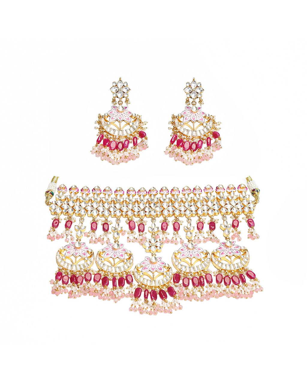 Hand-Painted Meenakari Lotus Kundan Choker Set | Ruby Pink Bridal Statement Jewelry