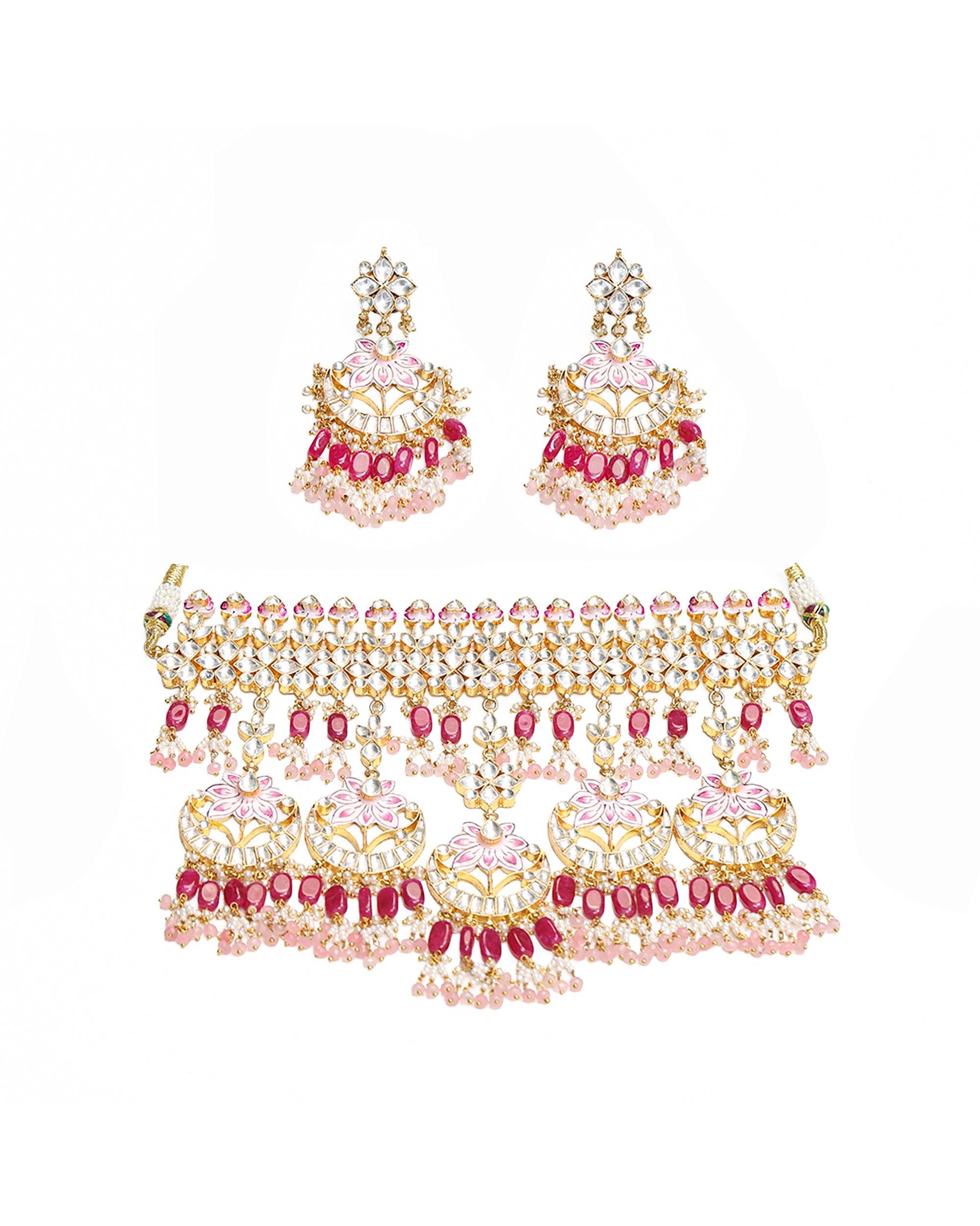 Hand-Painted Meenakari Lotus Kundan Choker Set | Ruby Pink Bridal Statement Jewelry