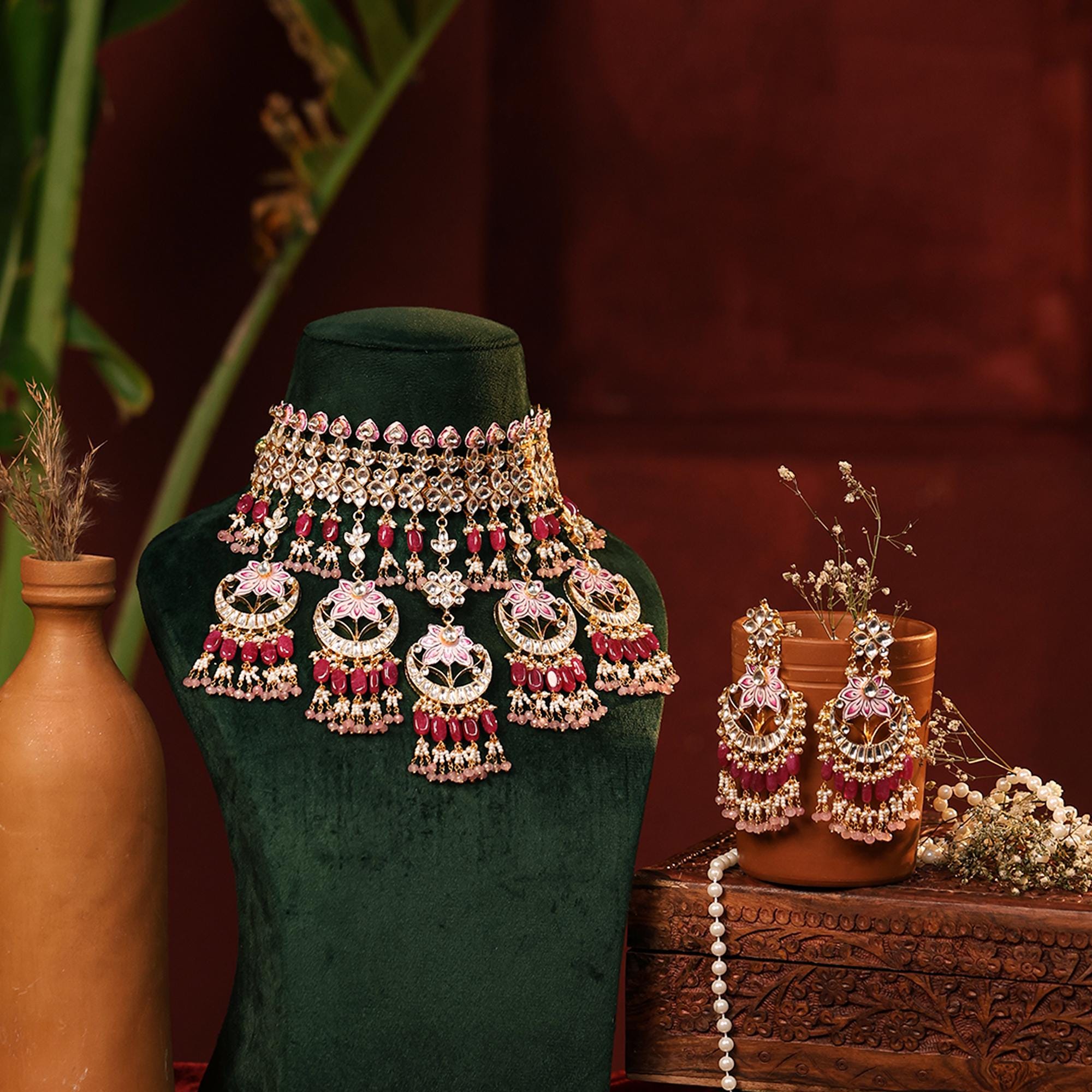 Hand-Painted Meenakari Lotus Kundan Choker Set | Ruby Pink Bridal Statement Jewelry