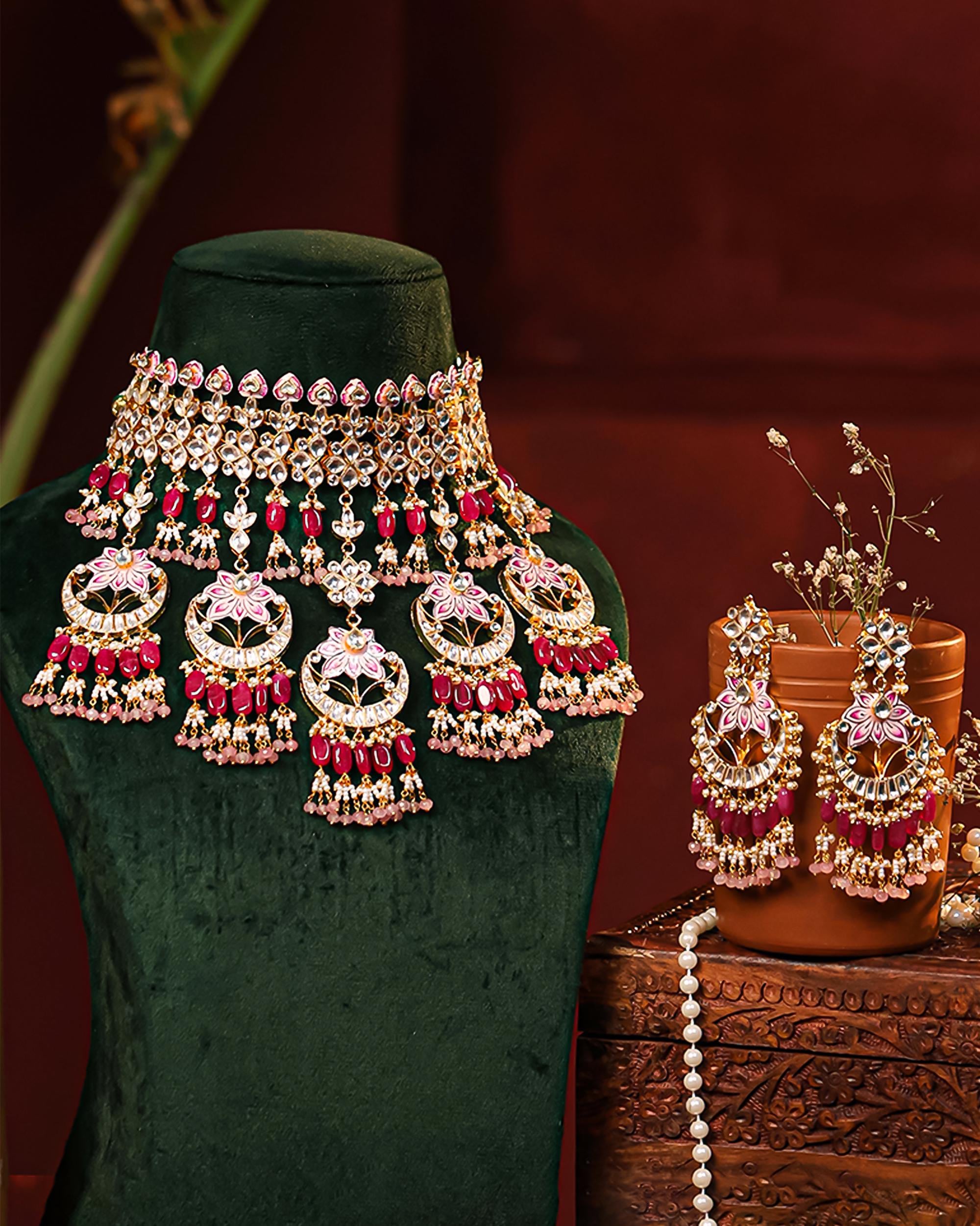 Hand-Painted Meenakari Lotus Kundan Choker Set | Ruby Pink Bridal Statement Jewelry