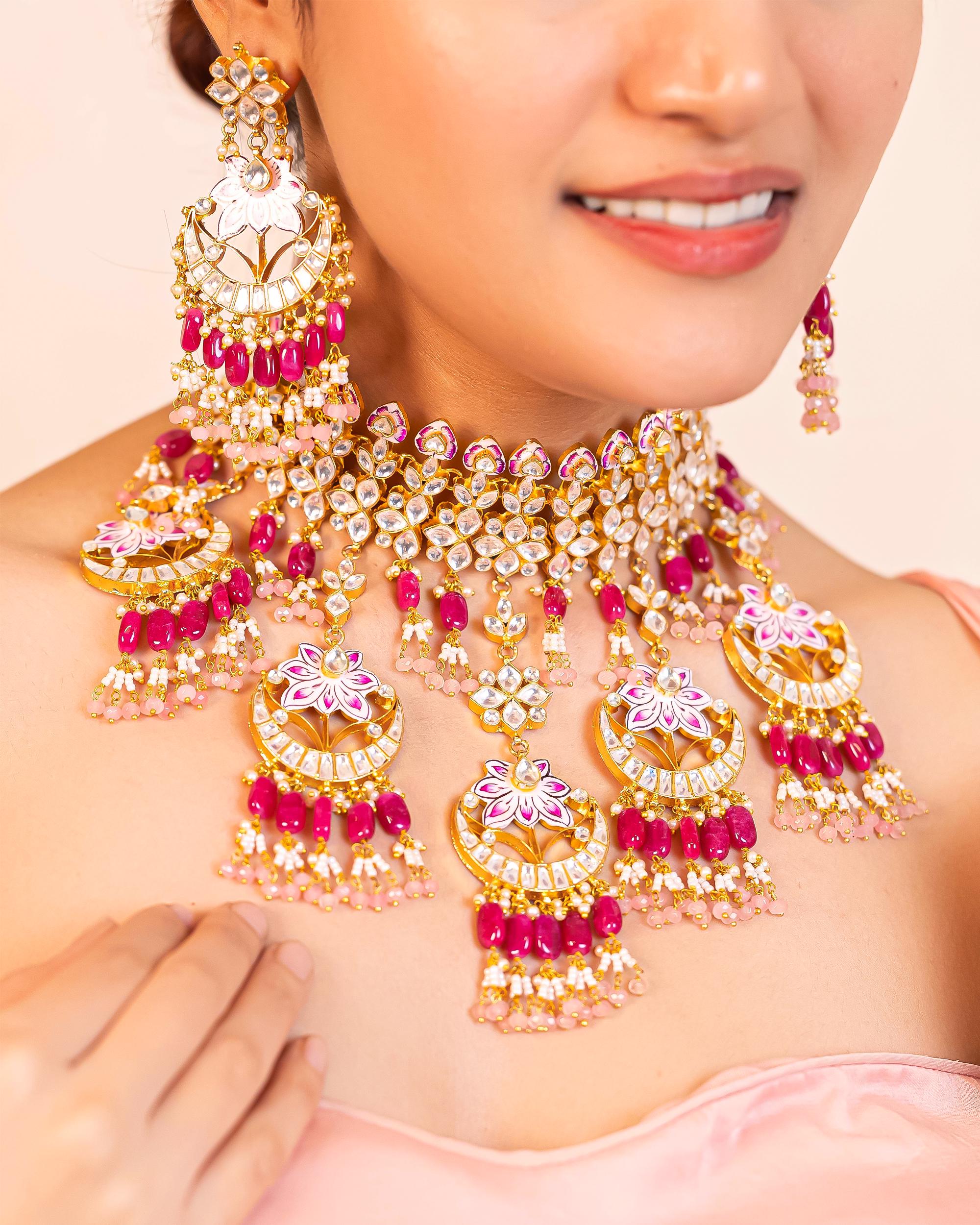 Hand-Painted Meenakari Lotus Kundan Choker Set | Ruby Pink Bridal Statement Jewelry