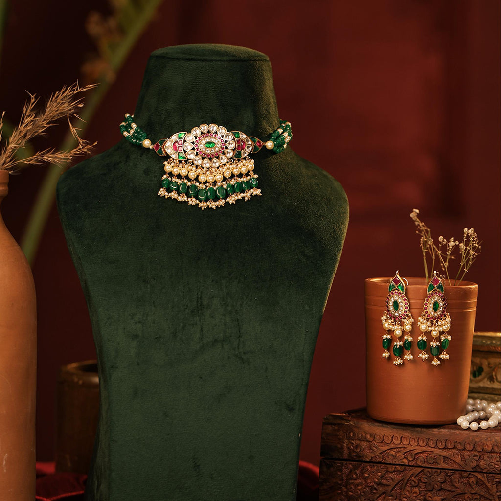 Navratna Kundan Choker Necklace Set | Emerald Ruby Floral Meenakari Bridal Jewelry
