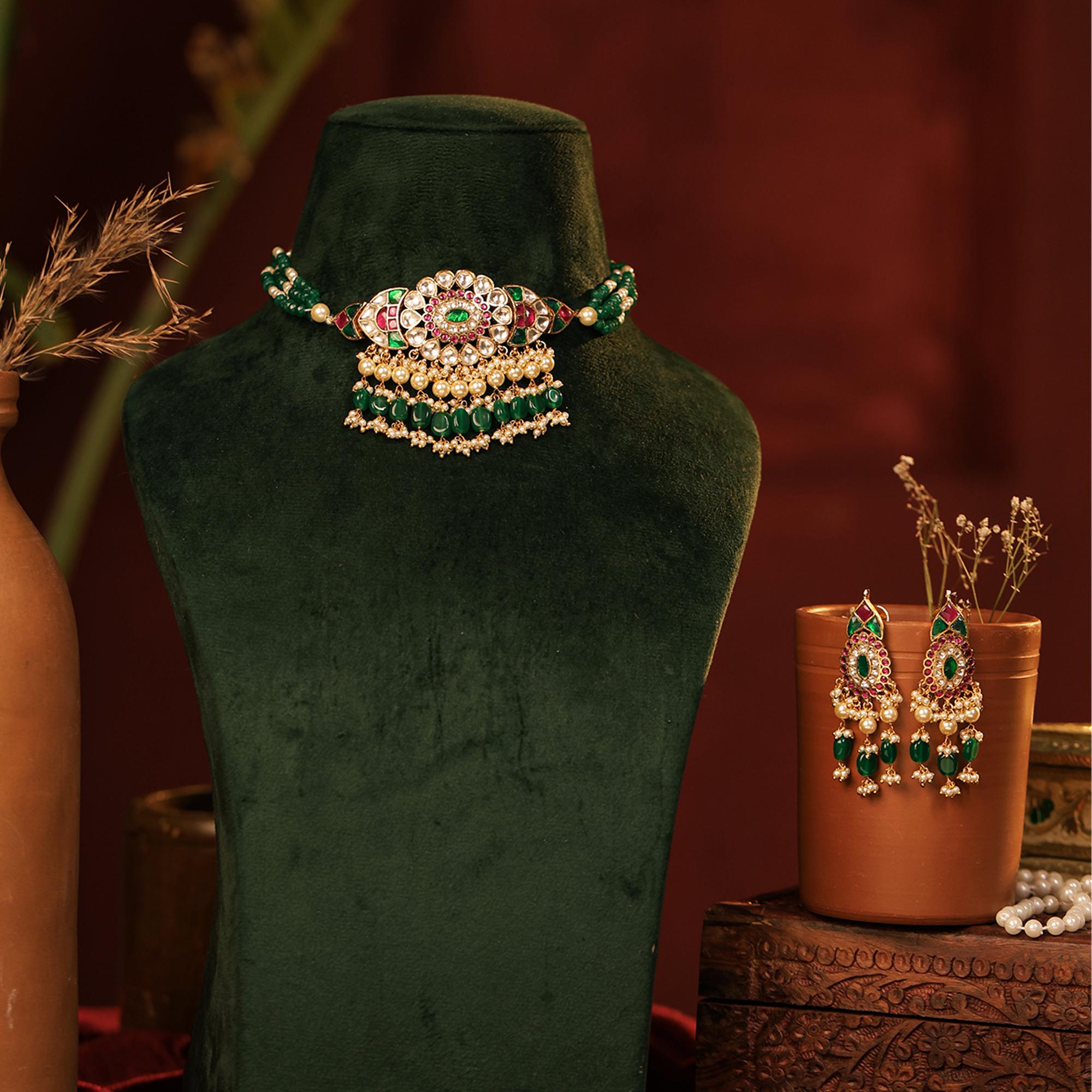 Navratna Kundan Choker Necklace Set | Emerald Ruby Floral Meenakari Bridal Jewelry