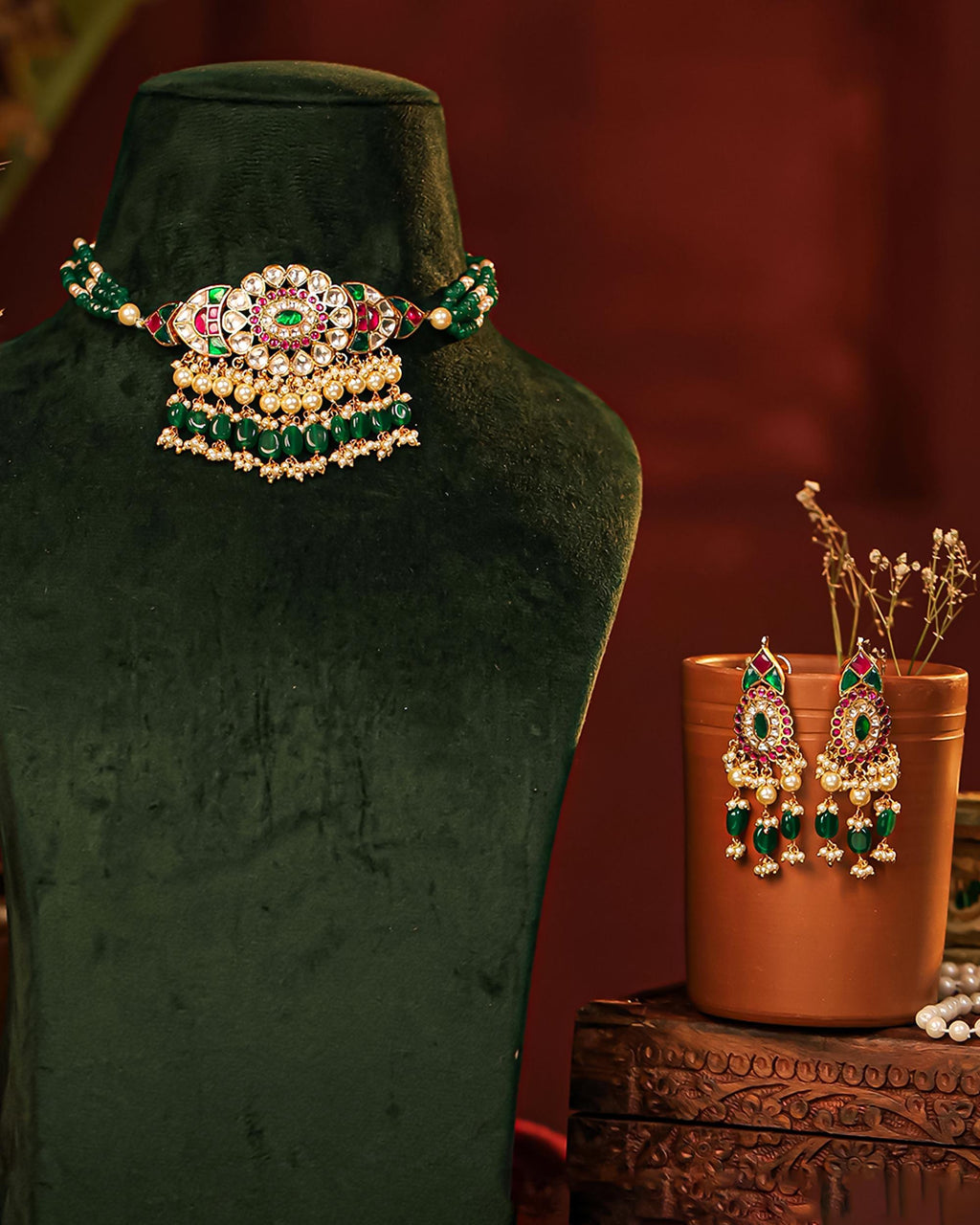 Navratna Kundan Choker Necklace Set | Emerald Ruby Floral Meenakari Bridal Jewelry