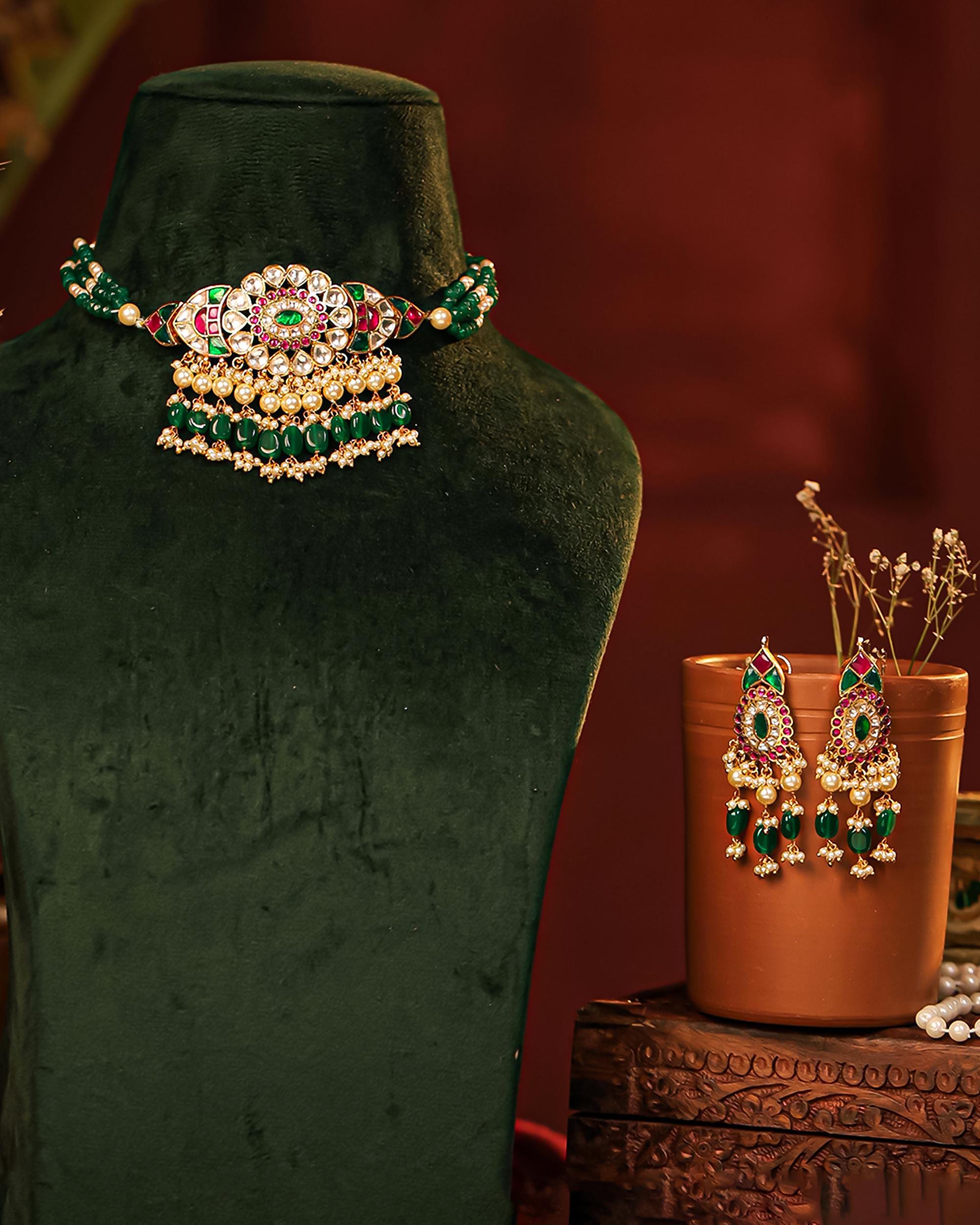 Navratna Kundan Choker Necklace Set | Emerald Ruby Floral Meenakari Bridal Jewelry