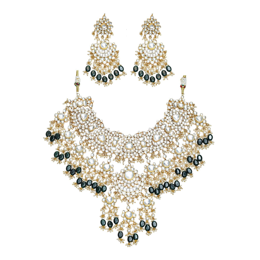 Bridal Kundan Choker Bib Necklace Set | Emerald Green Pearl Statement Jewelry