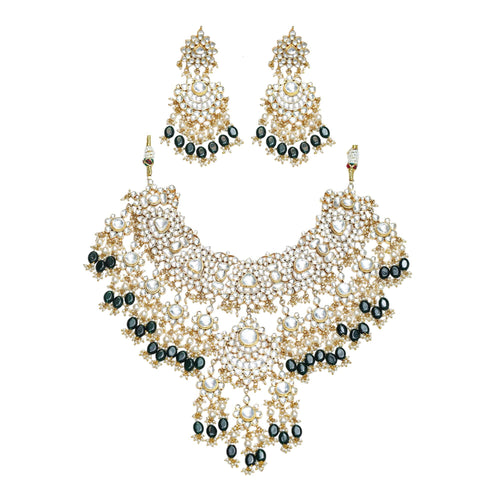 Juego de gargantilla babero de Kundan nupcial | Joyería llamativa de perlas color verde esmeralda