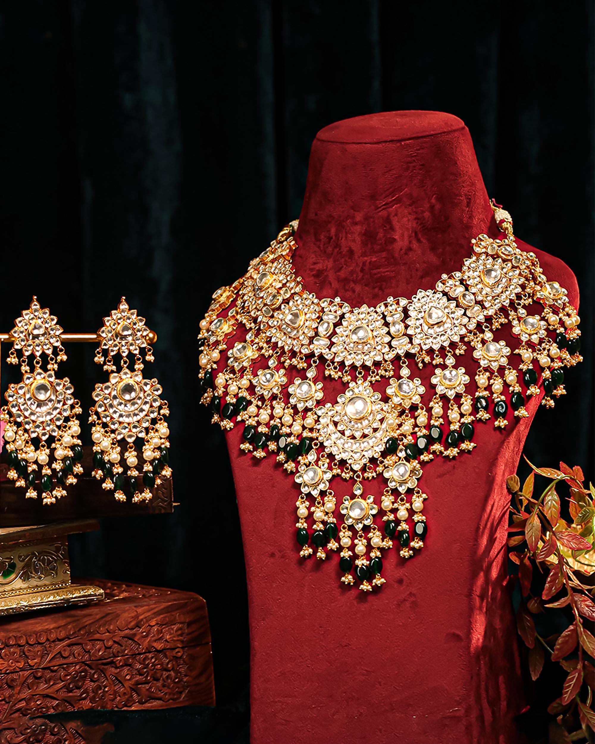 Bridal Kundan Choker Bib Necklace Set | Emerald Green Pearl Statement Jewelry