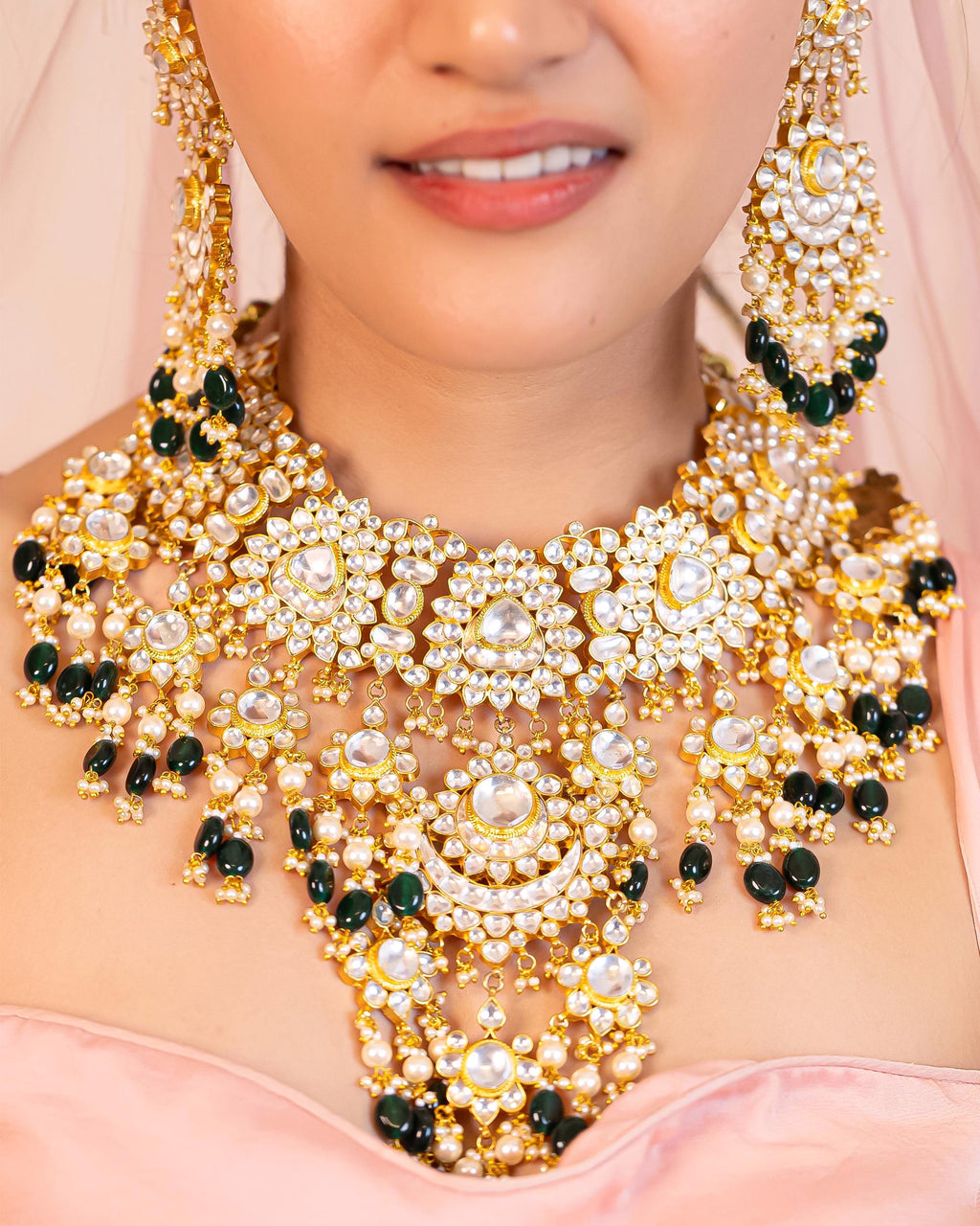 Bridal Kundan Choker Bib Necklace Set | Emerald Green Pearl Statement Jewelry