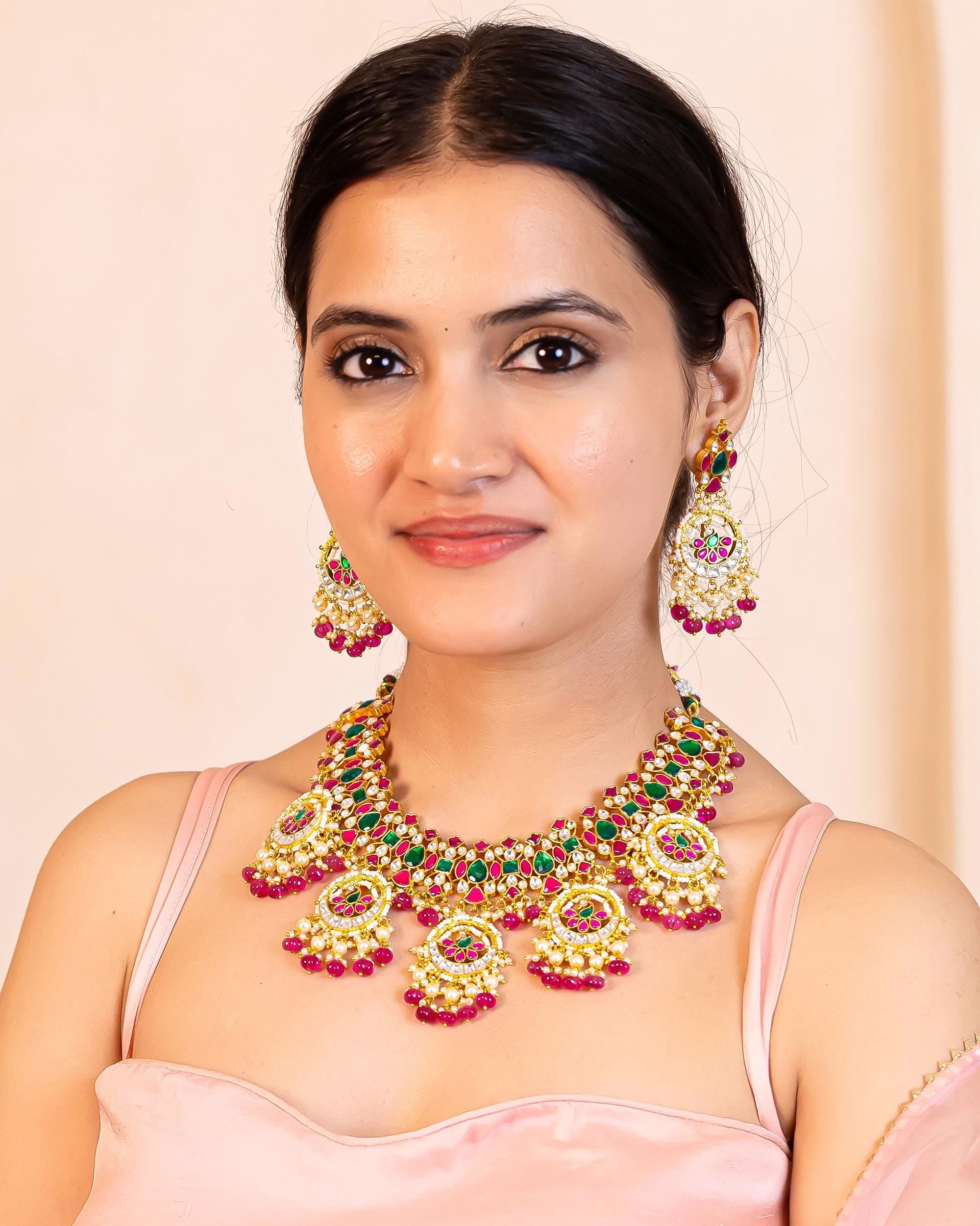 Royal Meenakari Kundan Choker Set: Peacock Pendants, Ruby Pink, Emerald Green Indian Bridal Jewelry