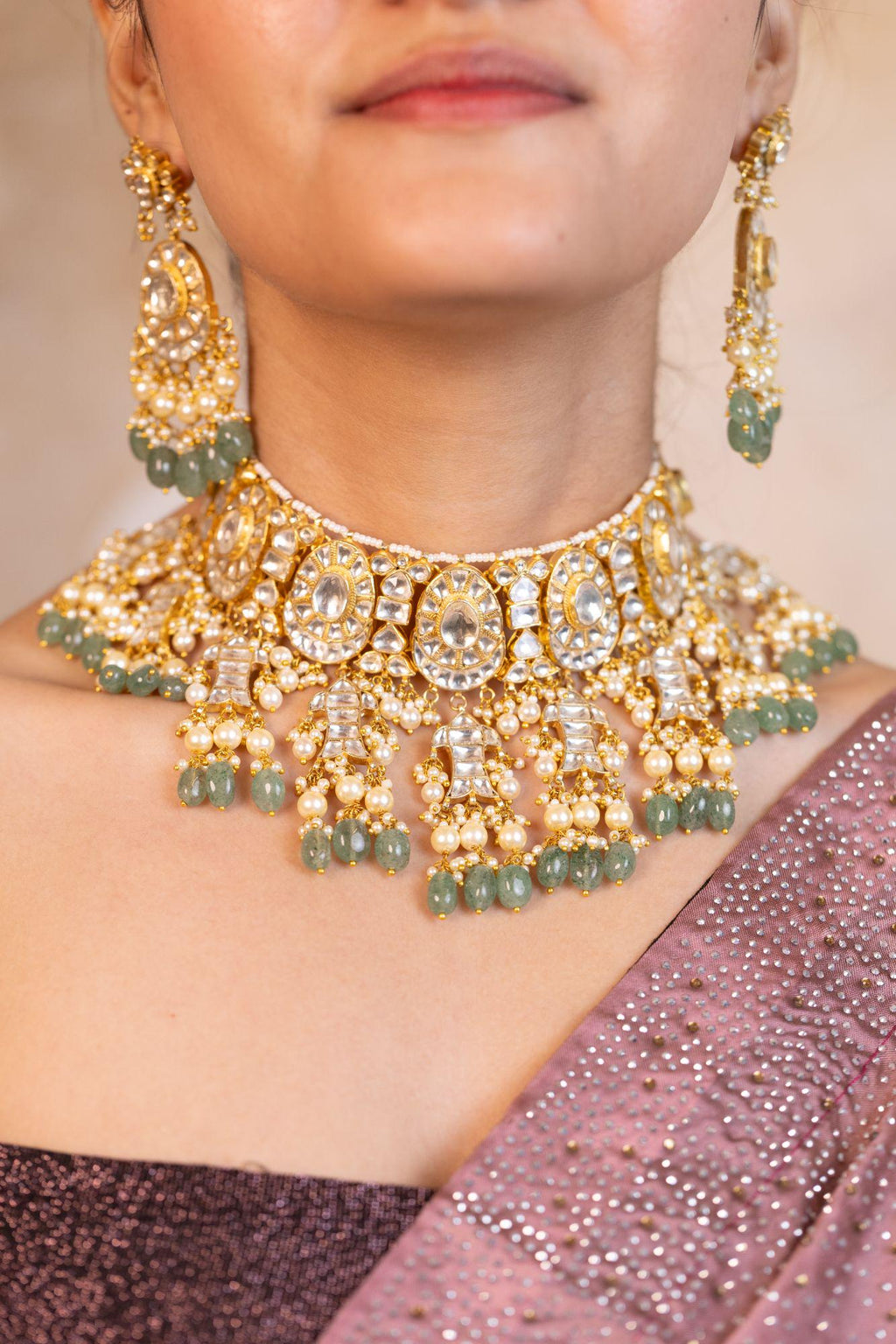 Mughal-Inspired Kundan Choker Necklace Set | Mint Green Pearl Bridal Statement Jewelry