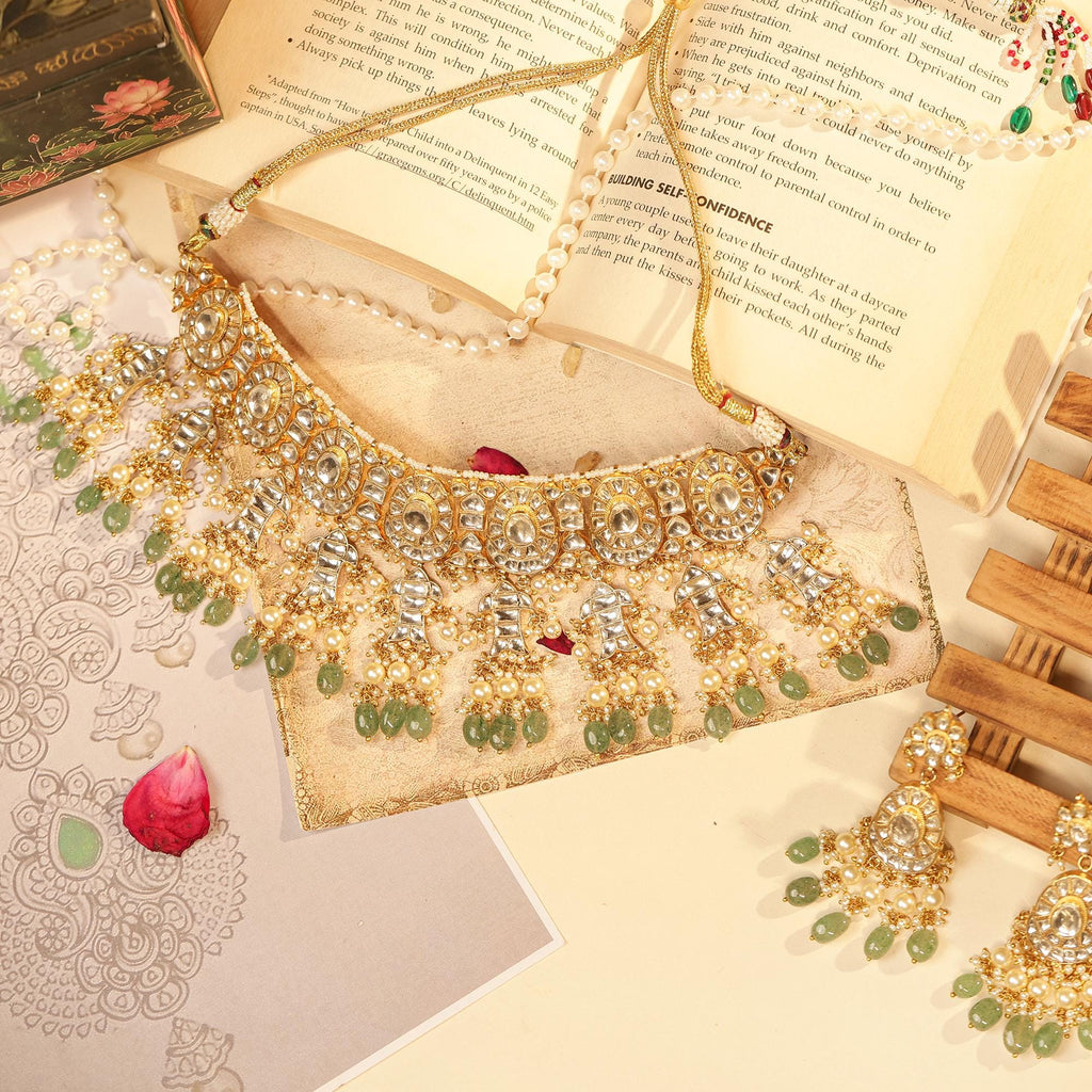 Mughal-Inspired Kundan Choker Necklace Set | Mint Green Pearl Bridal Statement Jewelry