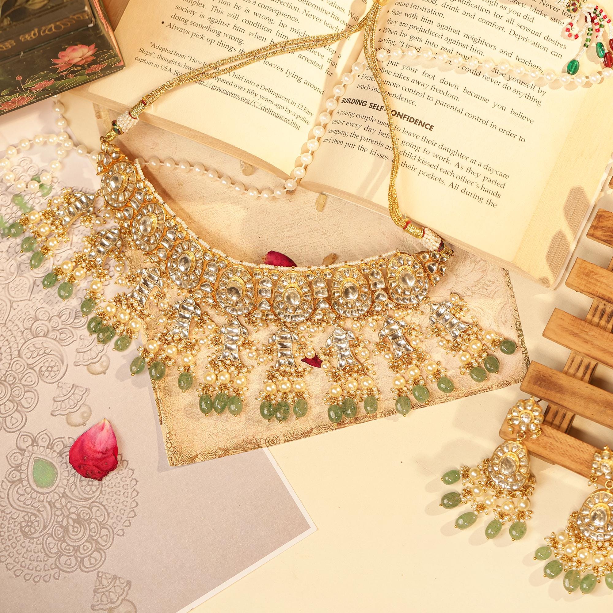 Mughal-Inspired Kundan Choker Necklace Set | Mint Green Pearl Bridal Statement Jewelry
