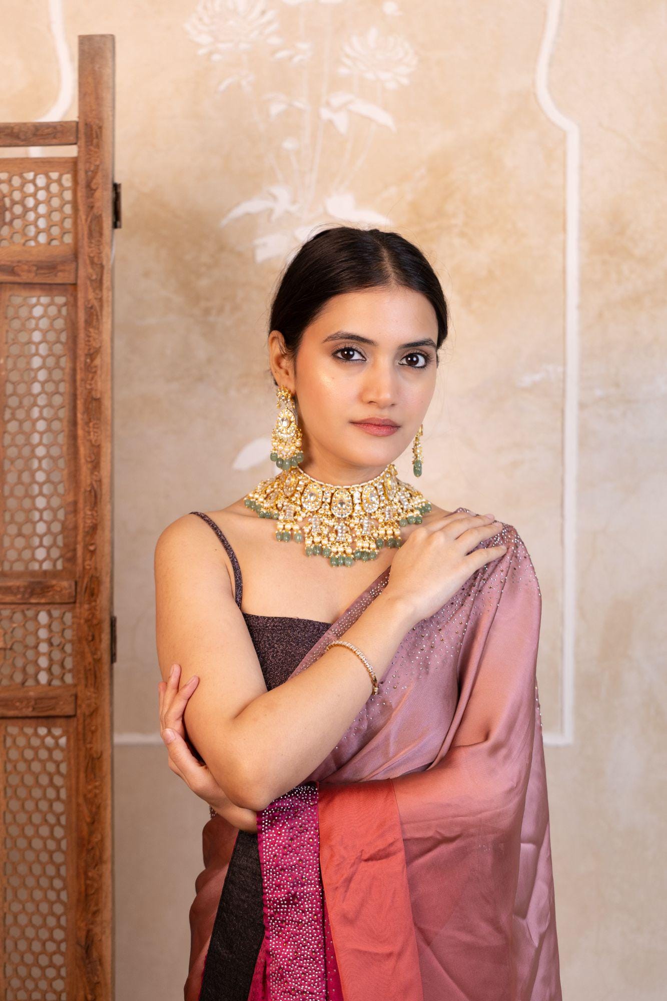 Mughal-Inspired Kundan Choker Necklace Set | Mint Green Pearl Bridal Statement Jewelry