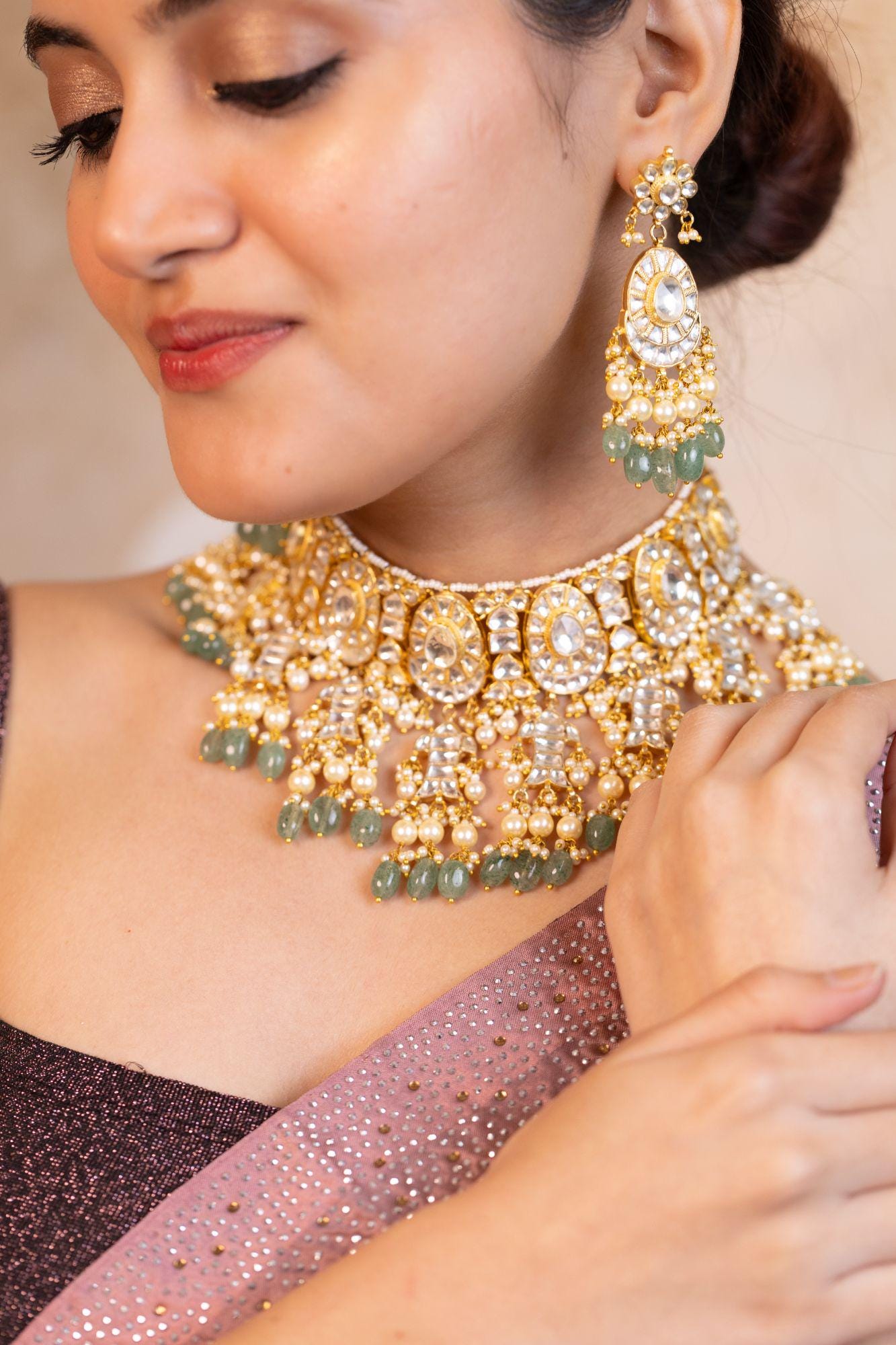 Mughal-Inspired Kundan Choker Necklace Set | Mint Green Pearl Bridal Statement Jewelry