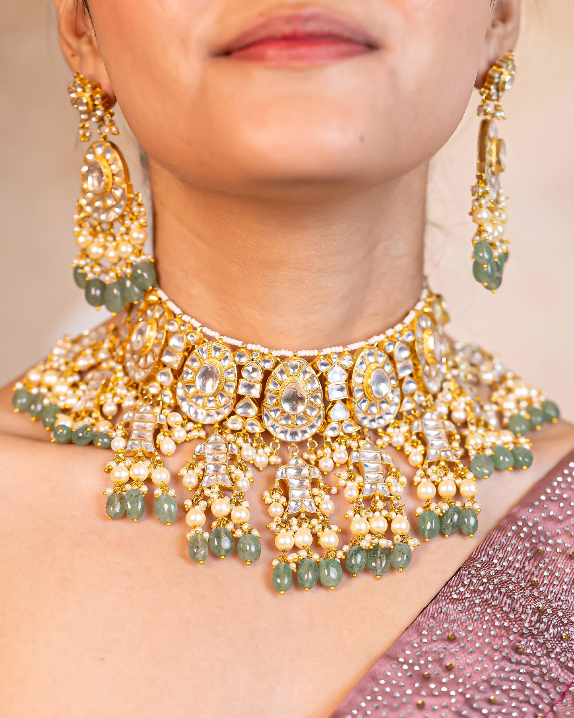 Mughal-Inspired Kundan Choker Necklace Set | Mint Green Pearl Bridal Statement Jewelry