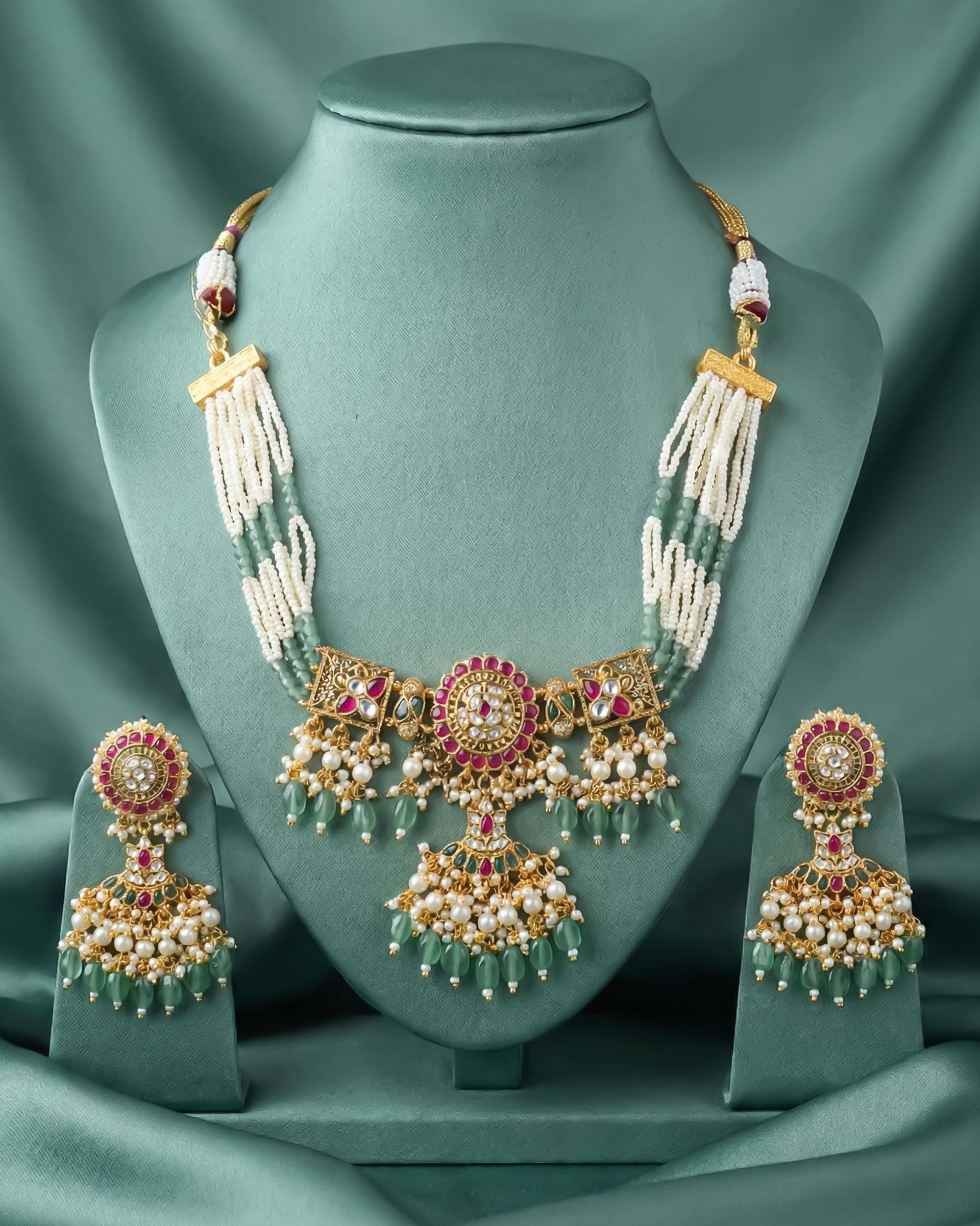 Ruby Green Kundan Choker Set, Indian Bridal Necklace, Multi Strand Pearl Necklace, Traditional Punjabi Jewelry, Bollywood Wedding Wear Set