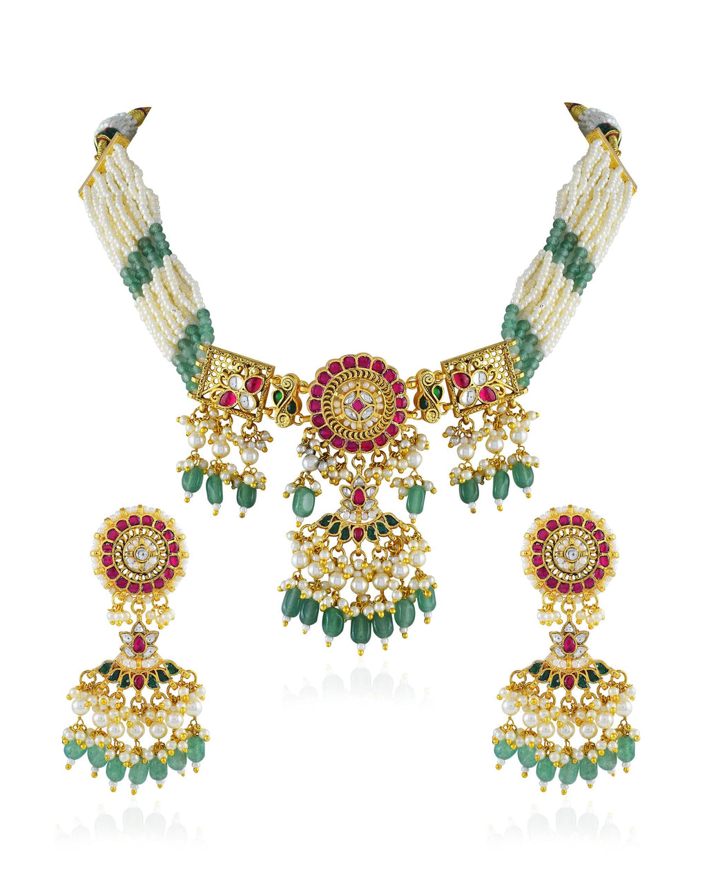 Ruby Green Kundan Choker Set, Indian Bridal Necklace, Multi Strand Pearl Necklace, Traditional Punjabi Jewelry, Bollywood Wedding Wear Set