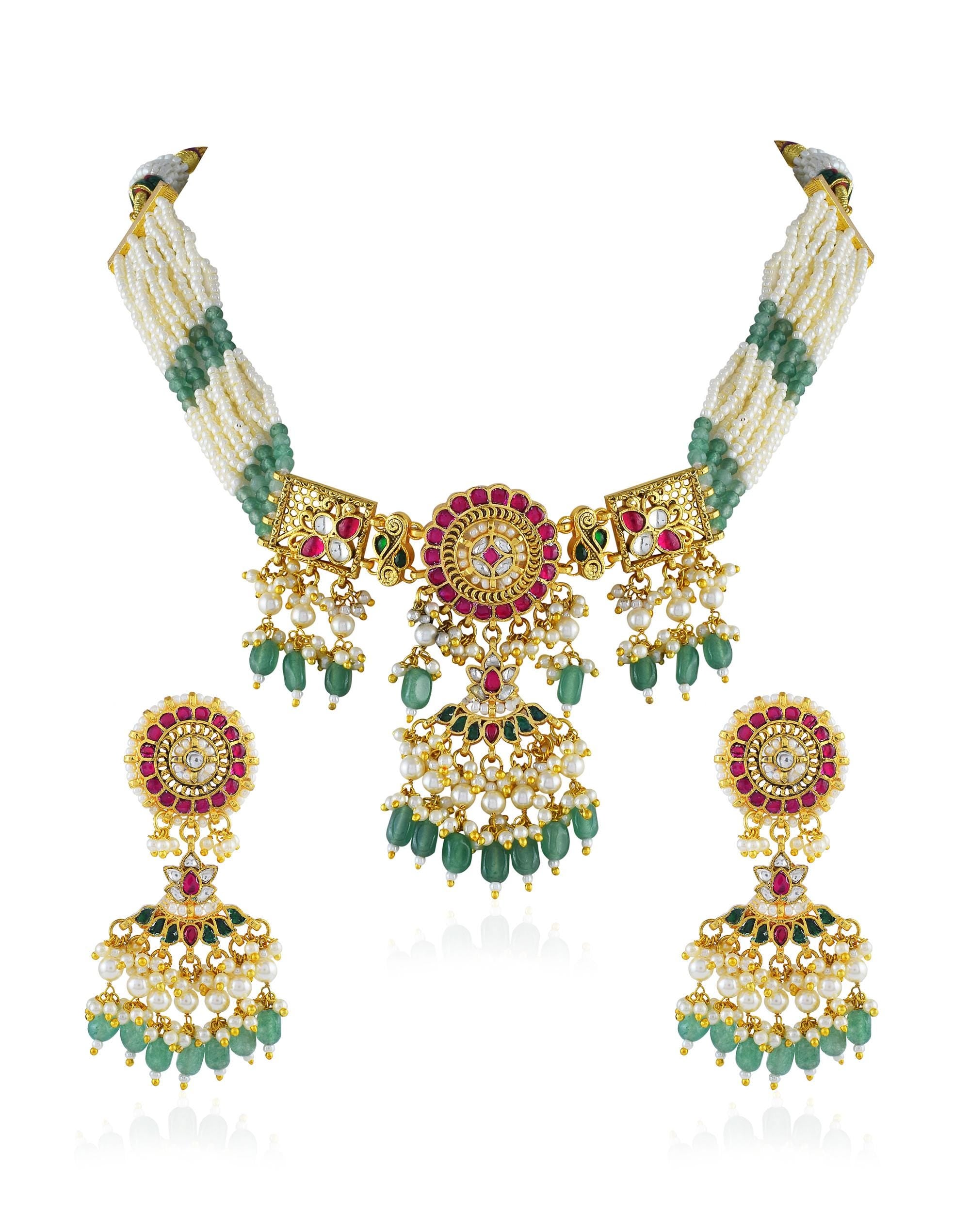 Ruby Green Kundan Choker Set, Indian Bridal Necklace, Multi Strand Pearl Necklace, Traditional Punjabi Jewelry, Bollywood Wedding Wear Set