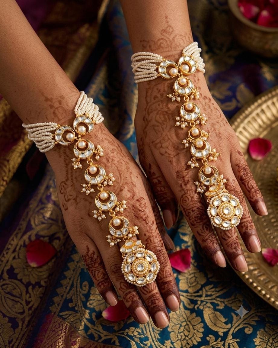 Kundan Haathphool Hand Harness with Pearl Layers  Traditional Bridal Jewelry Pair
