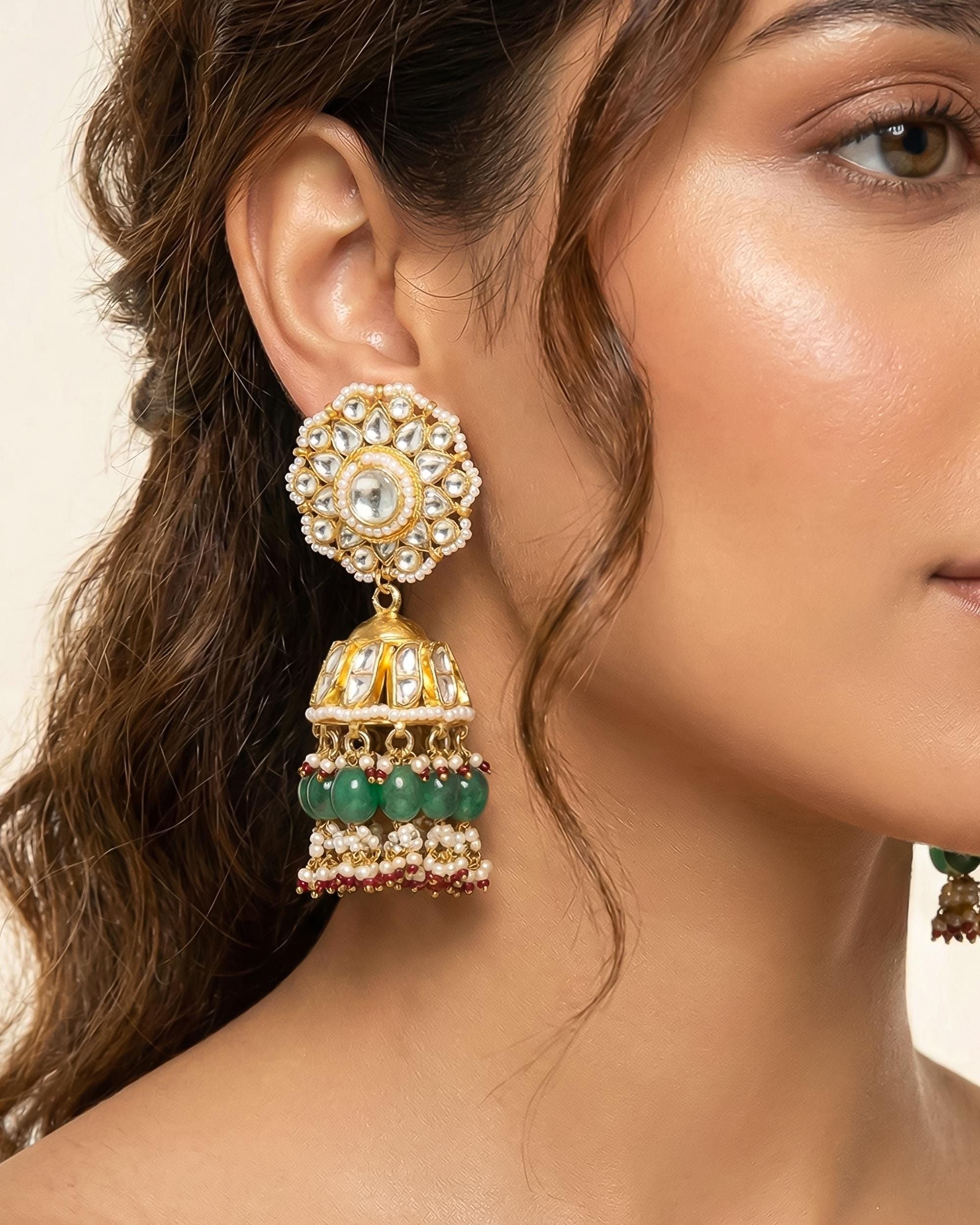kundan earrings,Heritage Pachi Kundan Jhumka Earrings with Emerald Beads & Fine Pearl Clusters