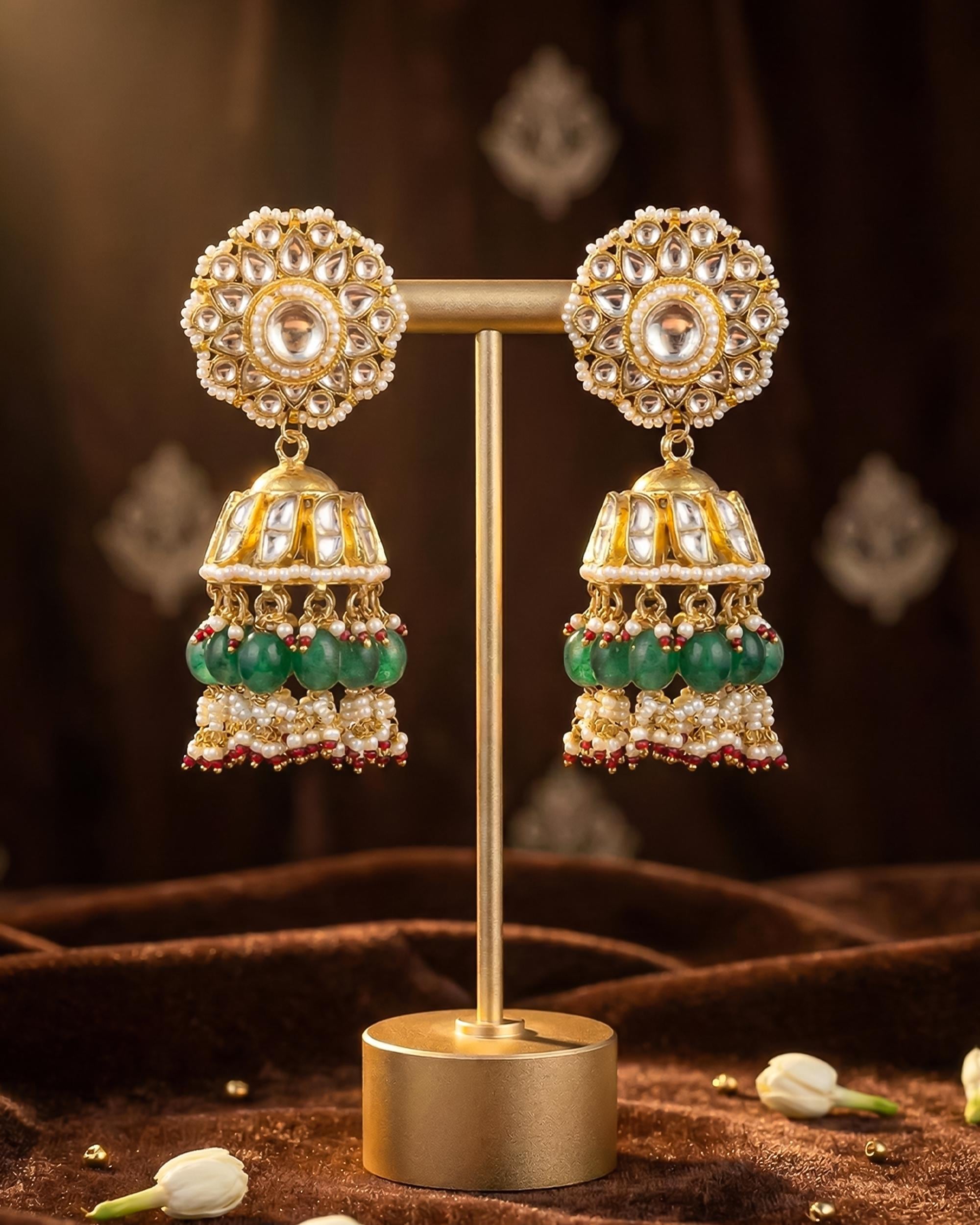 kundan earrings,Heritage Pachi Kundan Jhumka Earrings with Emerald Beads & Fine Pearl Clusters