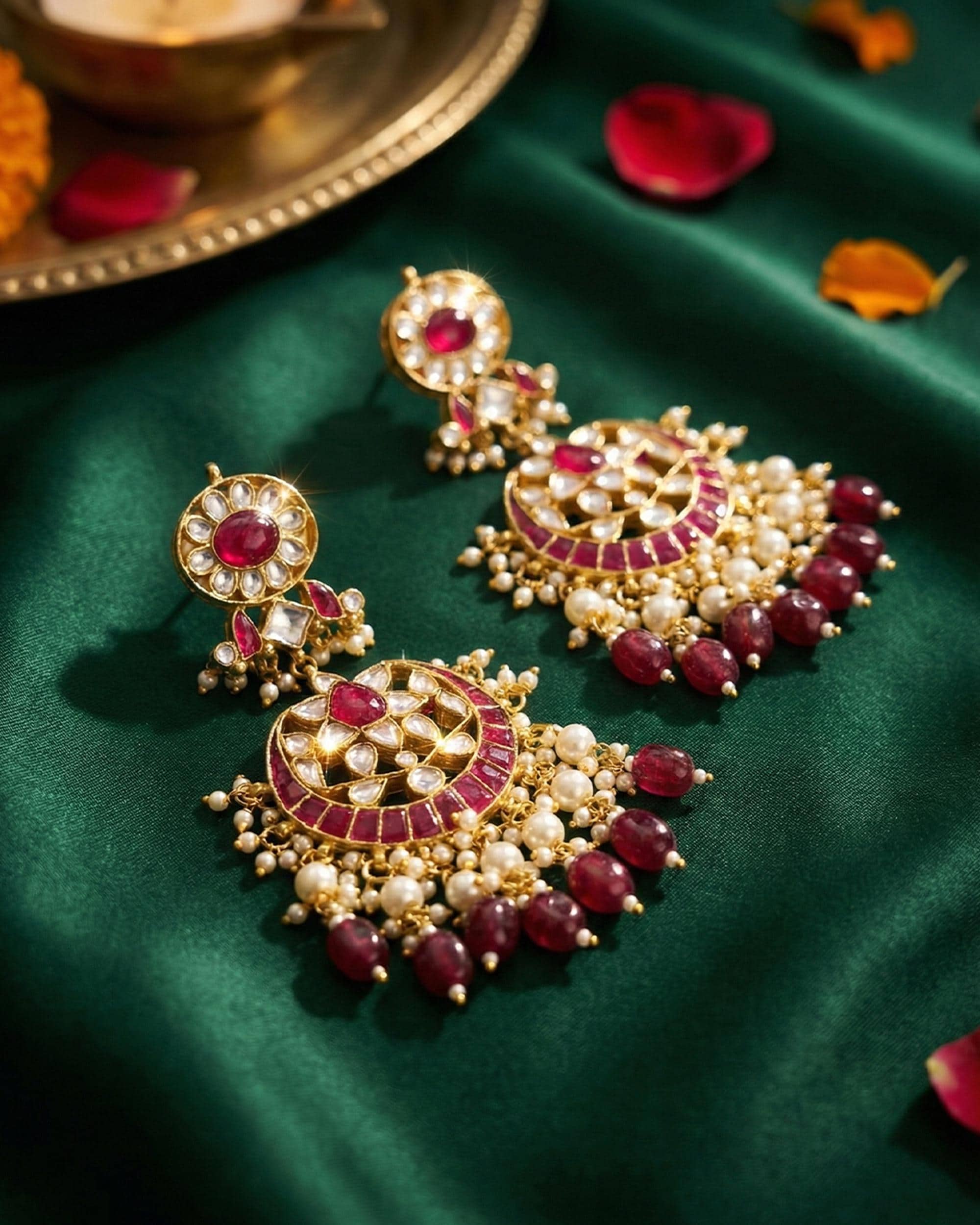 Heritage Pachi Kundan & Ruby Chandbali Earrings with Pearl Droplets
