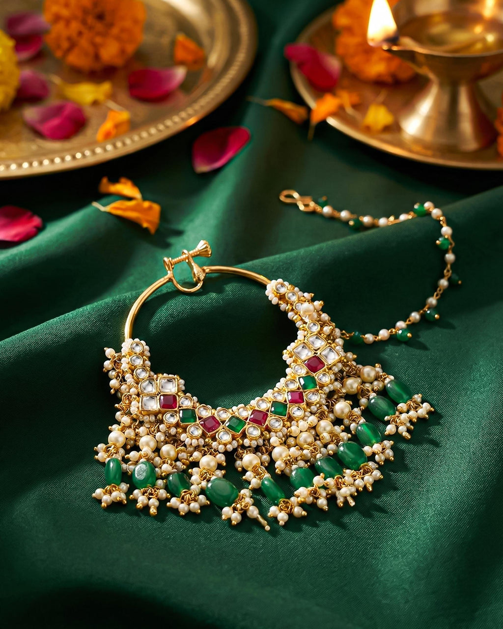 bridal nath Traditional Bridal Nath with Sahara Chain, Kundan Pearl Nose Ring, Green Drops, Ethnic Jewelry