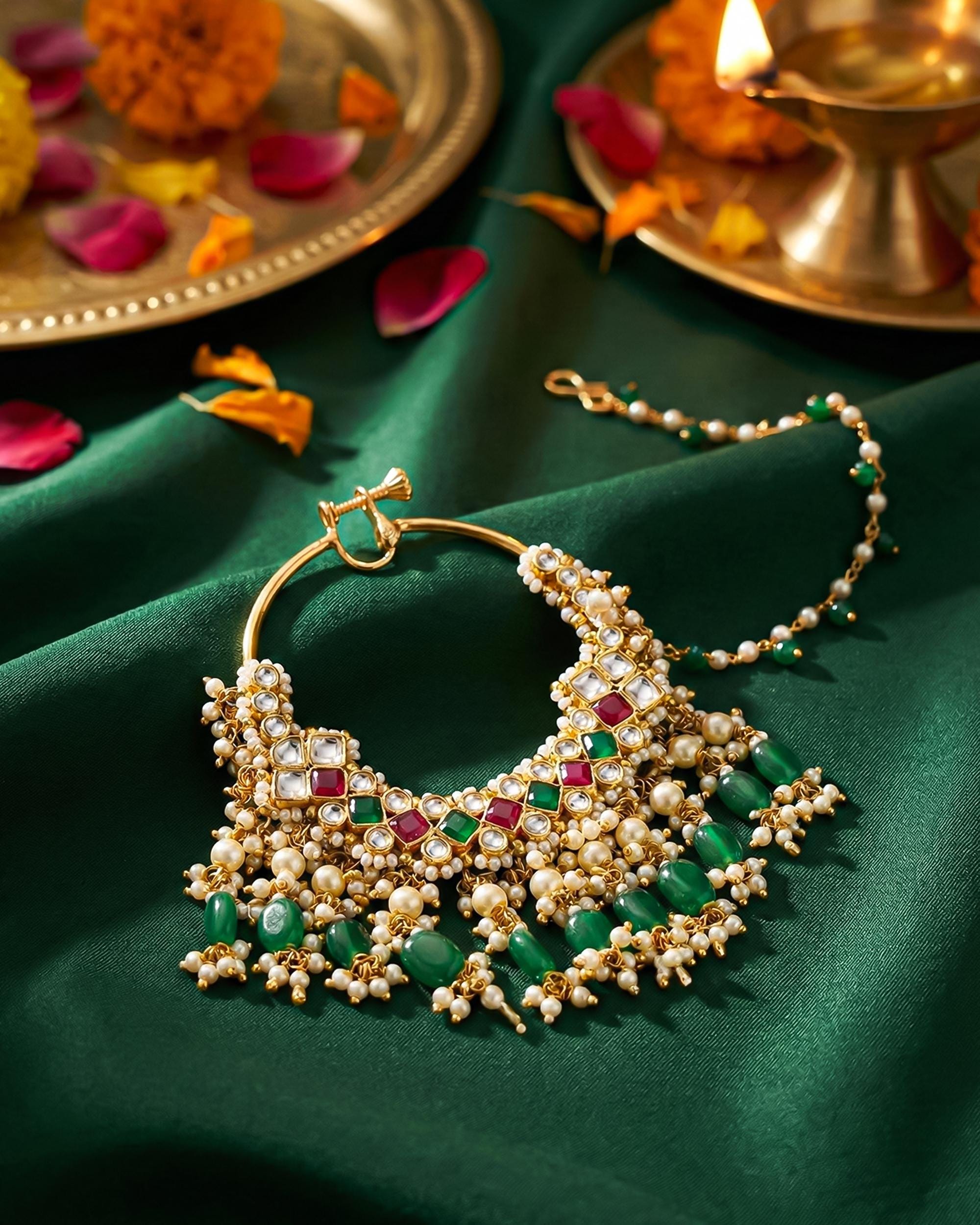 bridal nath Traditional Bridal Nath with Sahara Chain, Kundan Pearl Nose Ring, Green Drops, Ethnic Jewelry