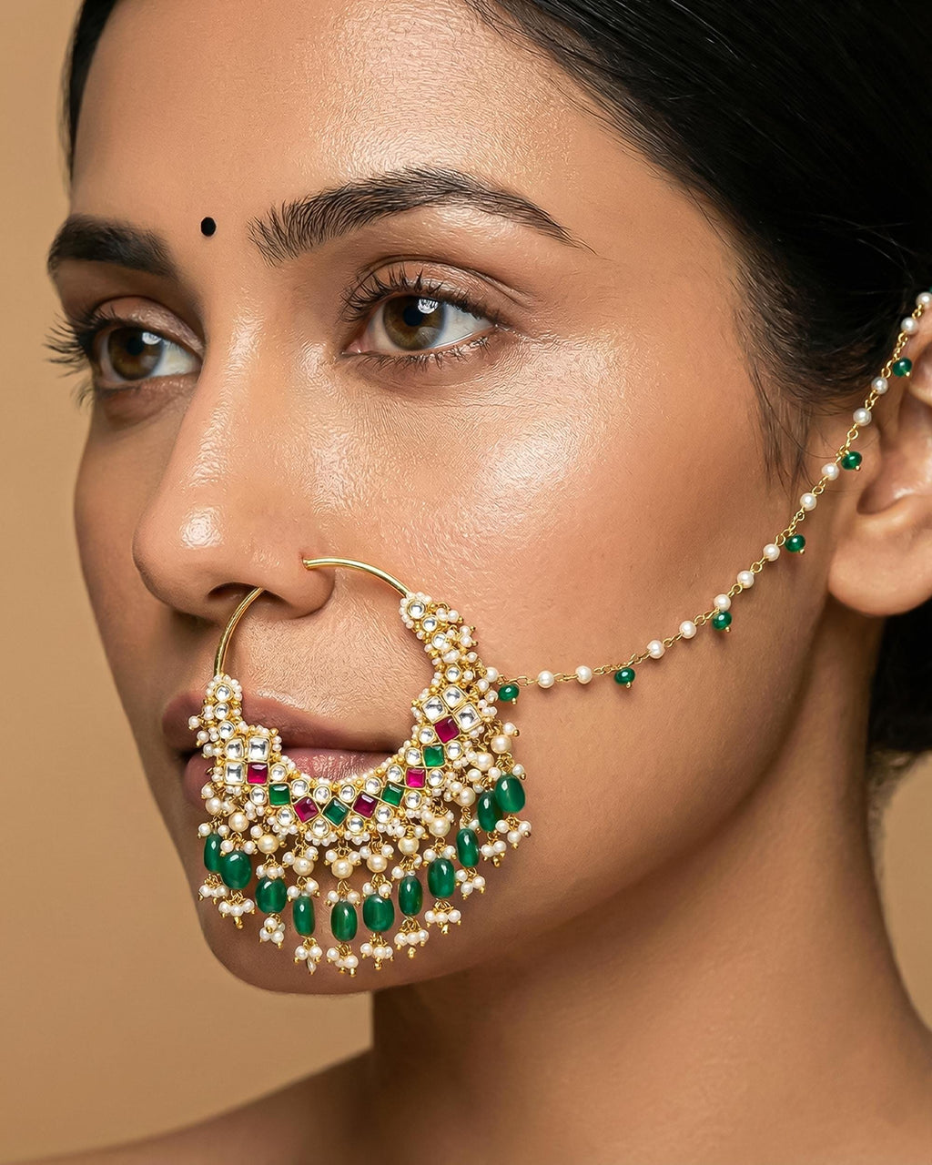 bridal nath Traditional Bridal Nath with Sahara Chain, Kundan Pearl Nose Ring, Green Drops, Ethnic Jewelry