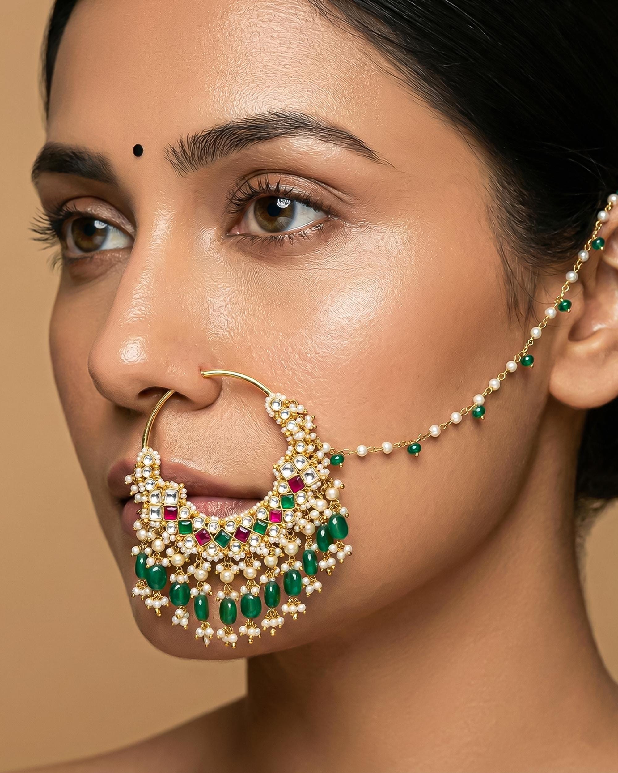 bridal nath Traditional Bridal Nath with Sahara Chain, Kundan Pearl Nose Ring, Green Drops, Ethnic Jewelry