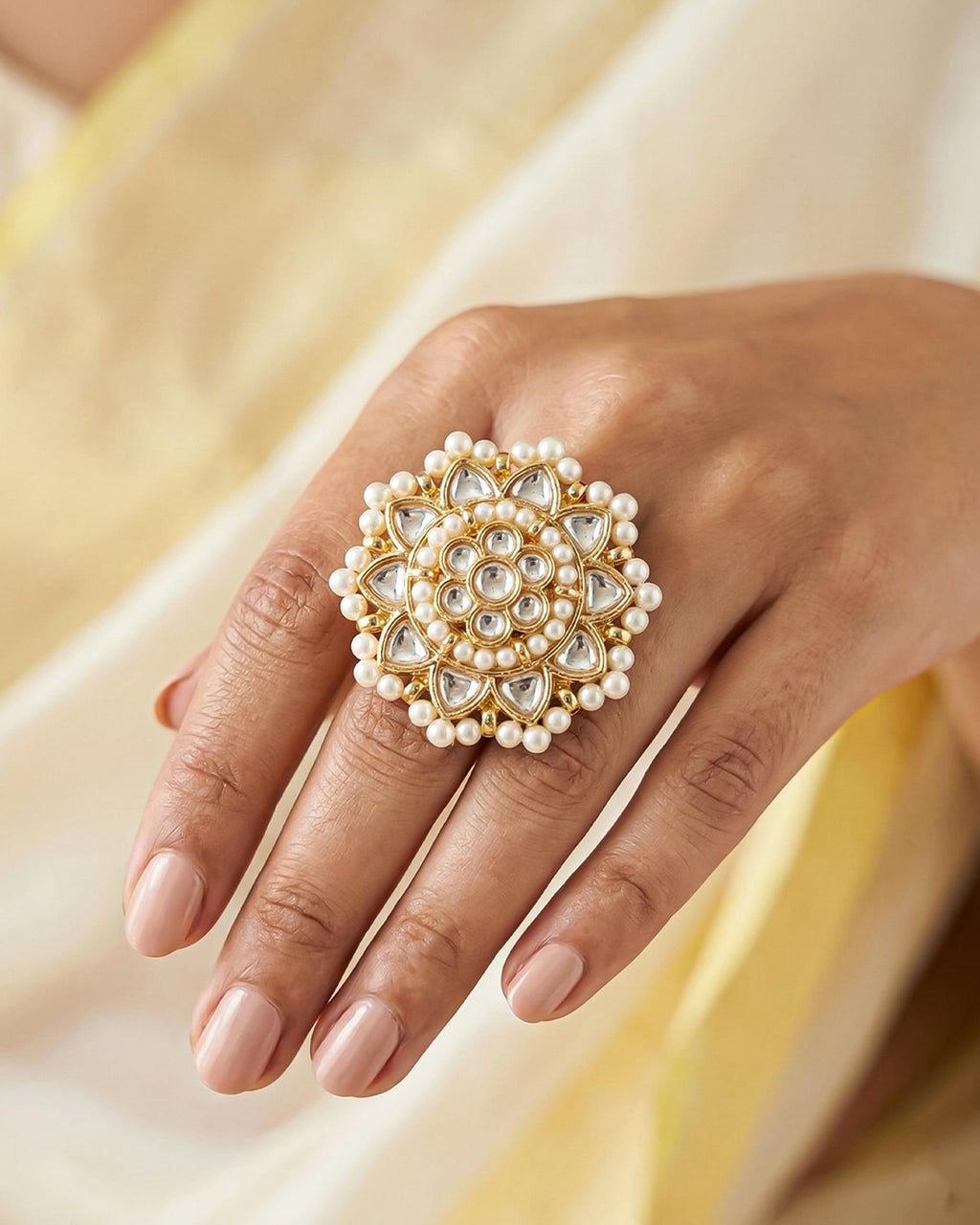 kundan cocktail ring Oversized Polki Kundan Statement Ring with Pearl Border, Adjustable Gold Tone Bridal Jewelry